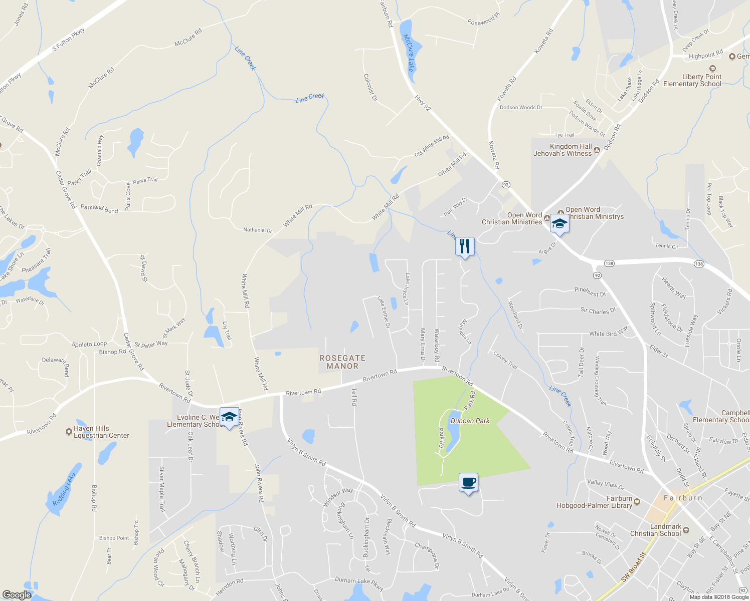 map of restaurants, bars, coffee shops, grocery stores, and more near 6485 Lake Esther Drive in Fairburn