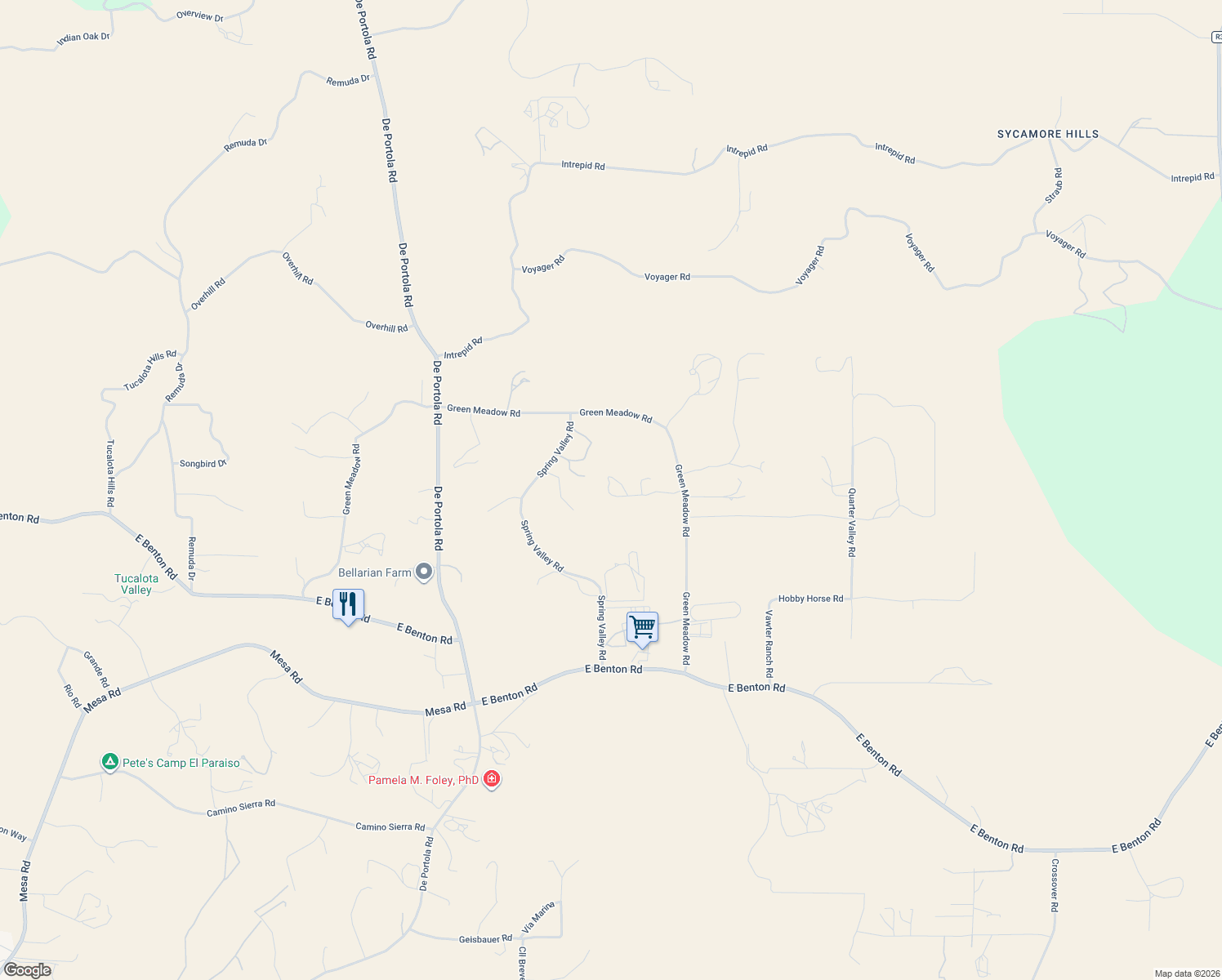 map of restaurants, bars, coffee shops, grocery stores, and more near 39911 Green Meadow Road in Temecula