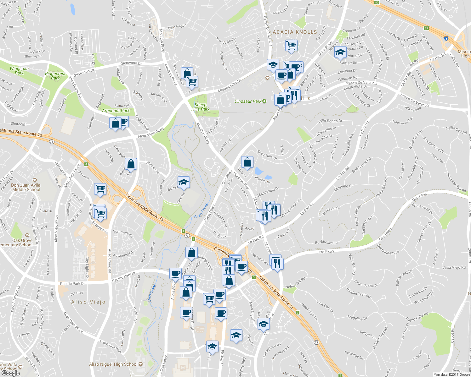 map of restaurants, bars, coffee shops, grocery stores, and more near 26272 Yolanda Street in Laguna Hills