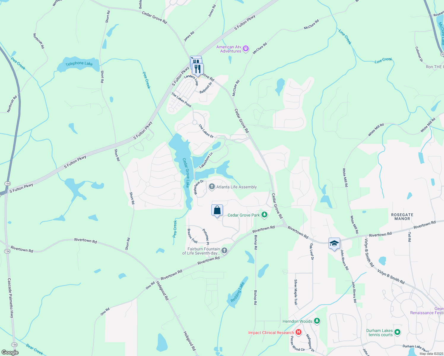 map of restaurants, bars, coffee shops, grocery stores, and more near 7693 Waterlace Drive in Fairburn