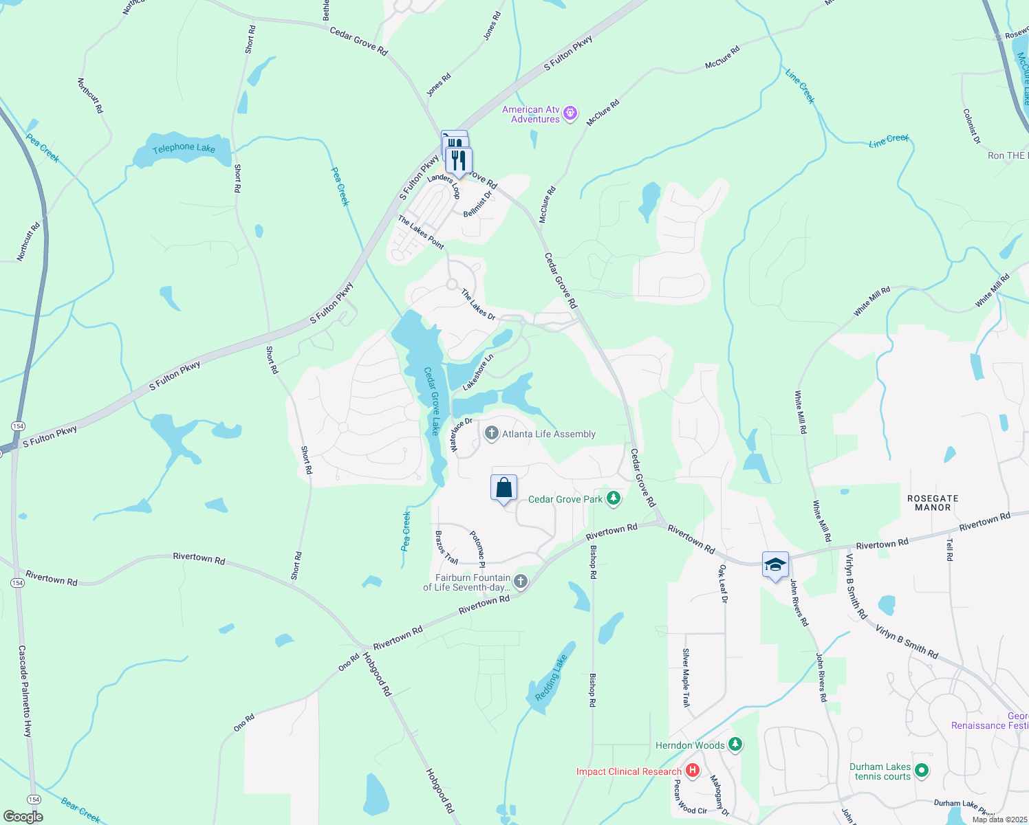 map of restaurants, bars, coffee shops, grocery stores, and more near 7693 Waterlace Drive in Fairburn
