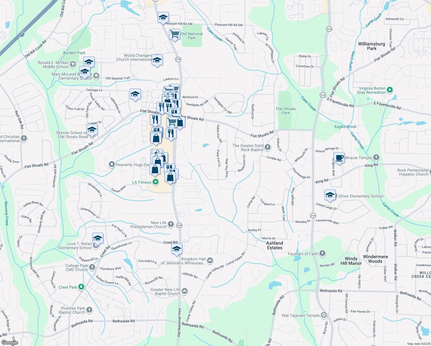 map of restaurants, bars, coffee shops, grocery stores, and more near 6337 Polar Fox Ct in Riverdale