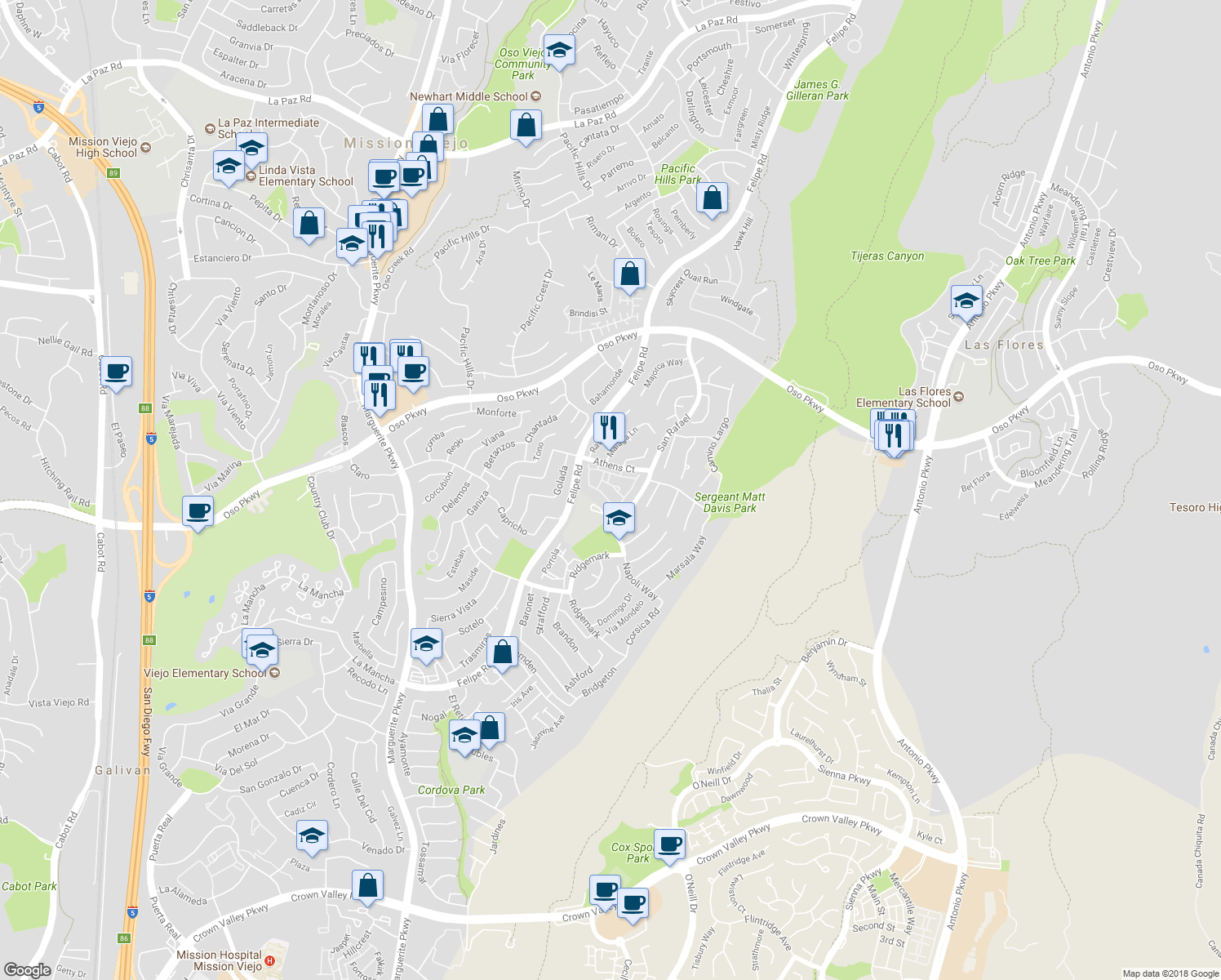 map of restaurants, bars, coffee shops, grocery stores, and more near 26233 Solrio in Mission Viejo