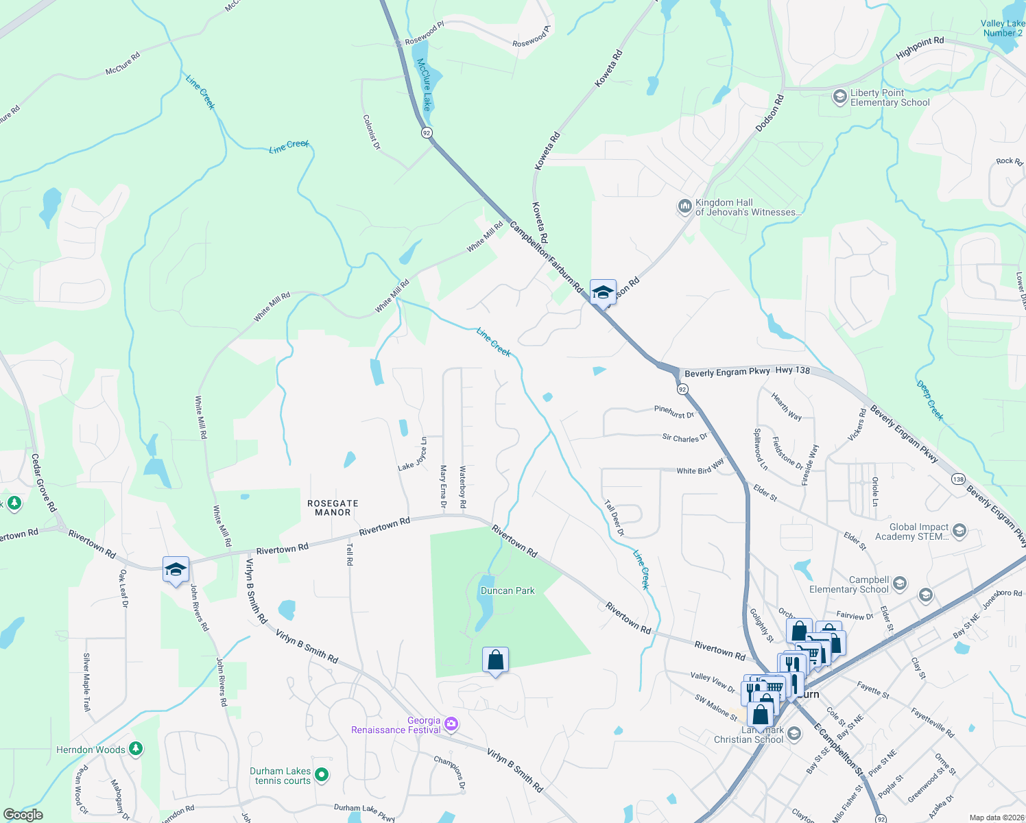 map of restaurants, bars, coffee shops, grocery stores, and more near 7219 Silverleaf Cir in Fairburn