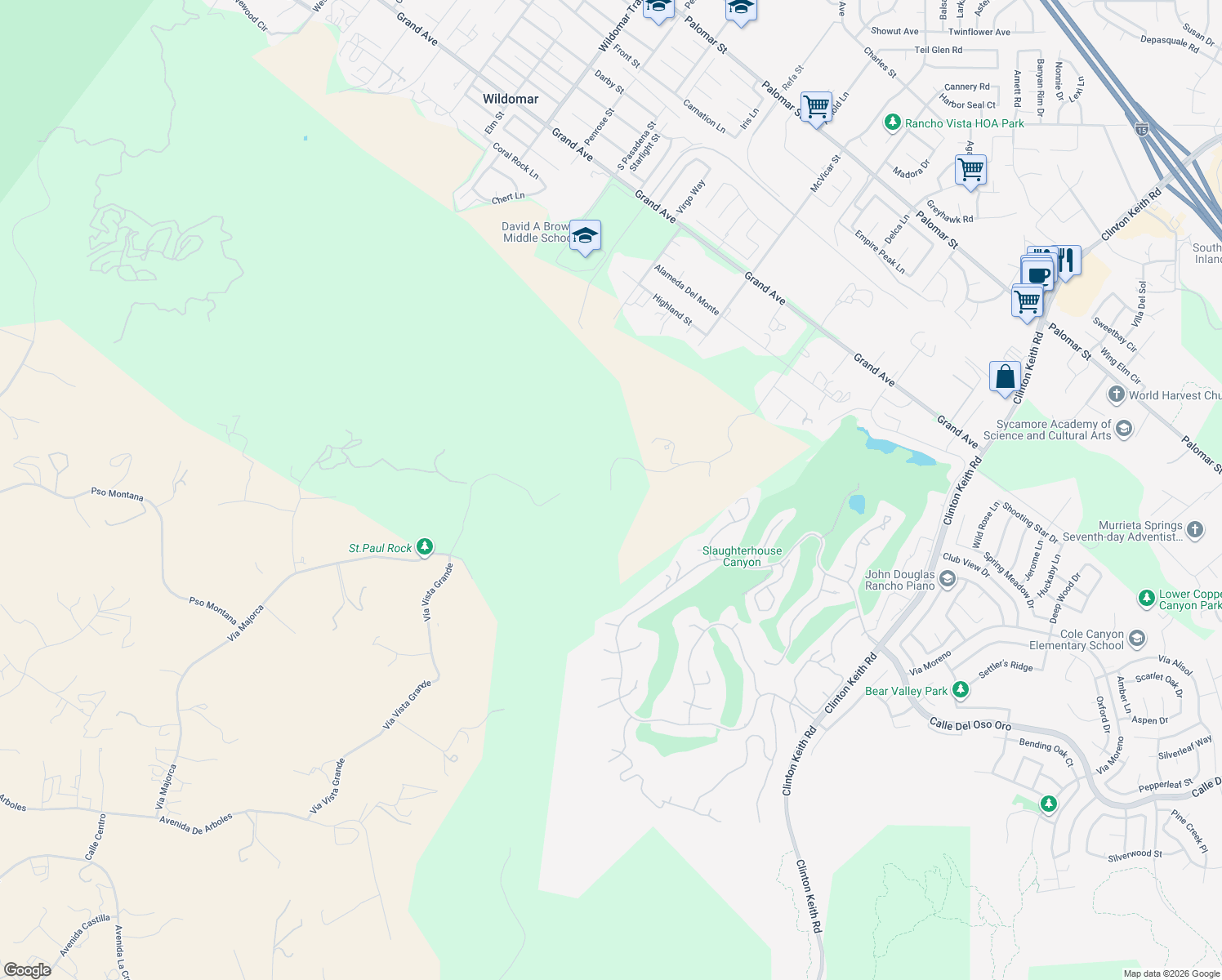 map of restaurants, bars, coffee shops, grocery stores, and more near Vía Vista Grande in Murrieta