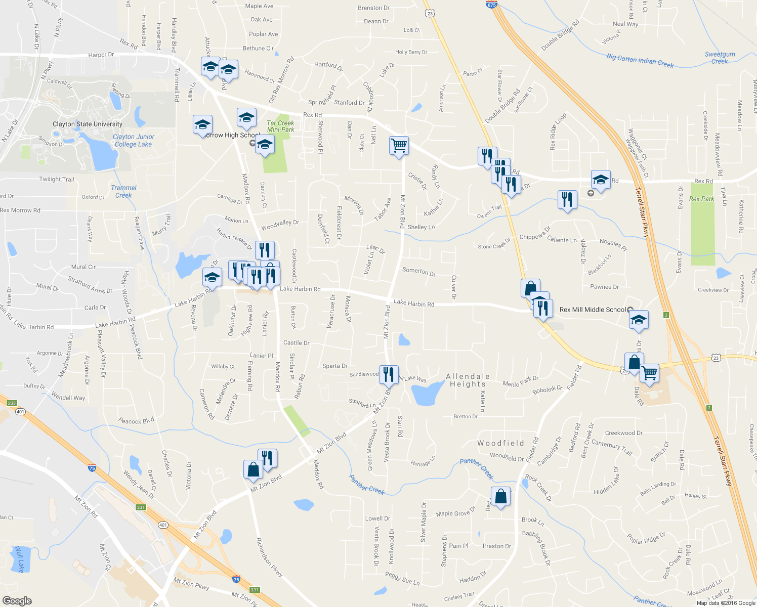 map of restaurants, bars, coffee shops, grocery stores, and more near 2649 Lake Harbin Road in Morrow