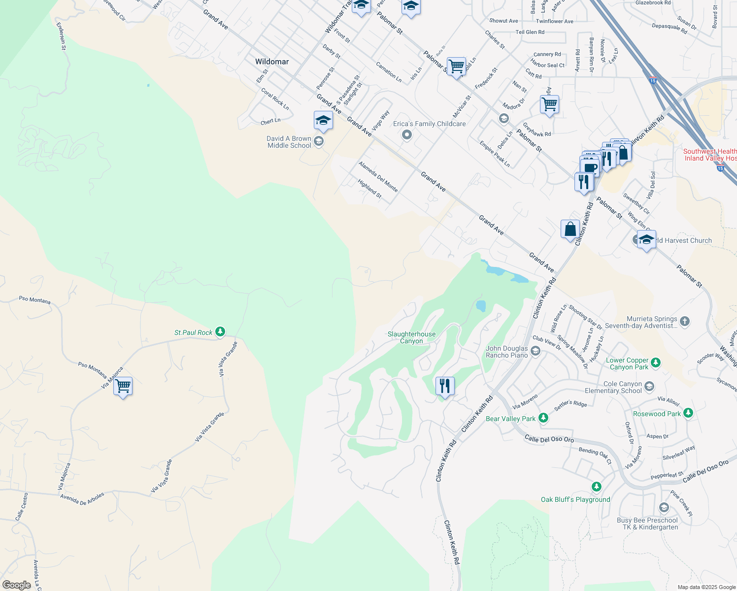 map of restaurants, bars, coffee shops, grocery stores, and more near Vía Vista Grande in Murrieta