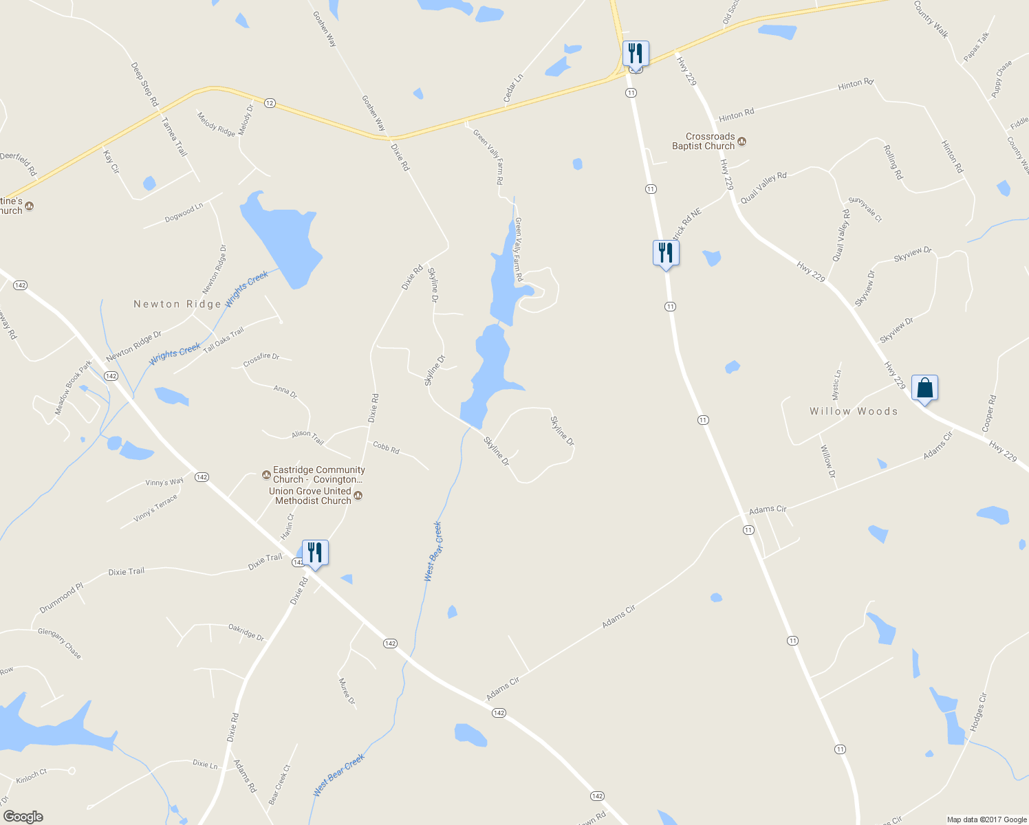 map of restaurants, bars, coffee shops, grocery stores, and more near 1200 Skyline Drive in Covington