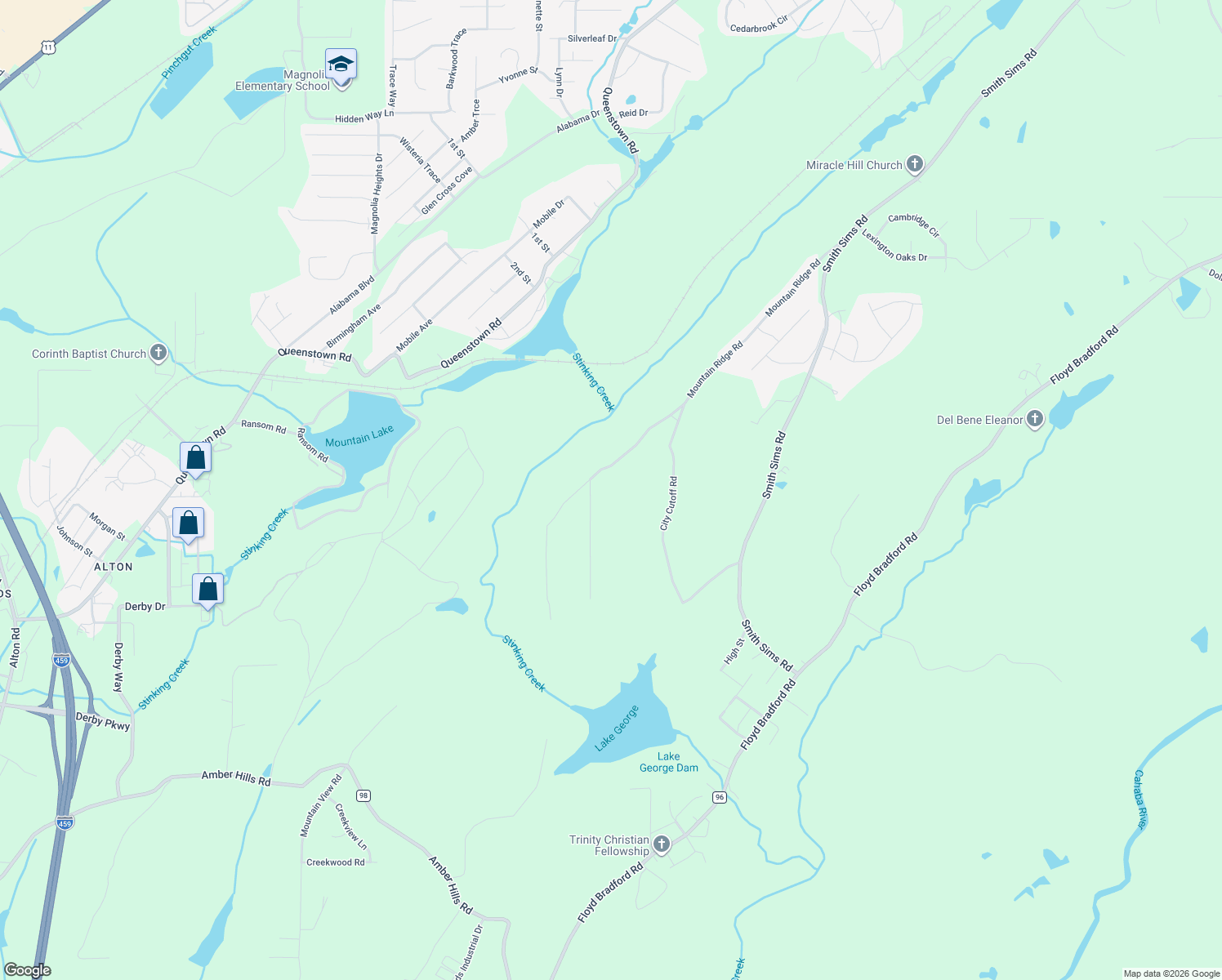 map of restaurants, bars, coffee shops, grocery stores, and more near 6215 Mountain Ridge Road in Trussville