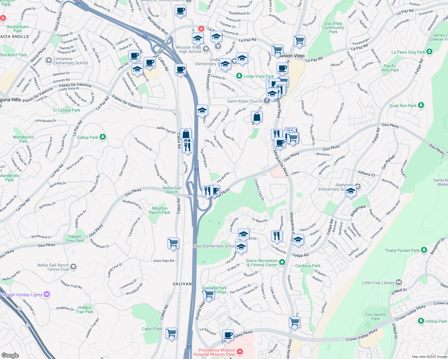 map of restaurants, bars, coffee shops, grocery stores, and more near 26516 Via Marina in Mission Viejo