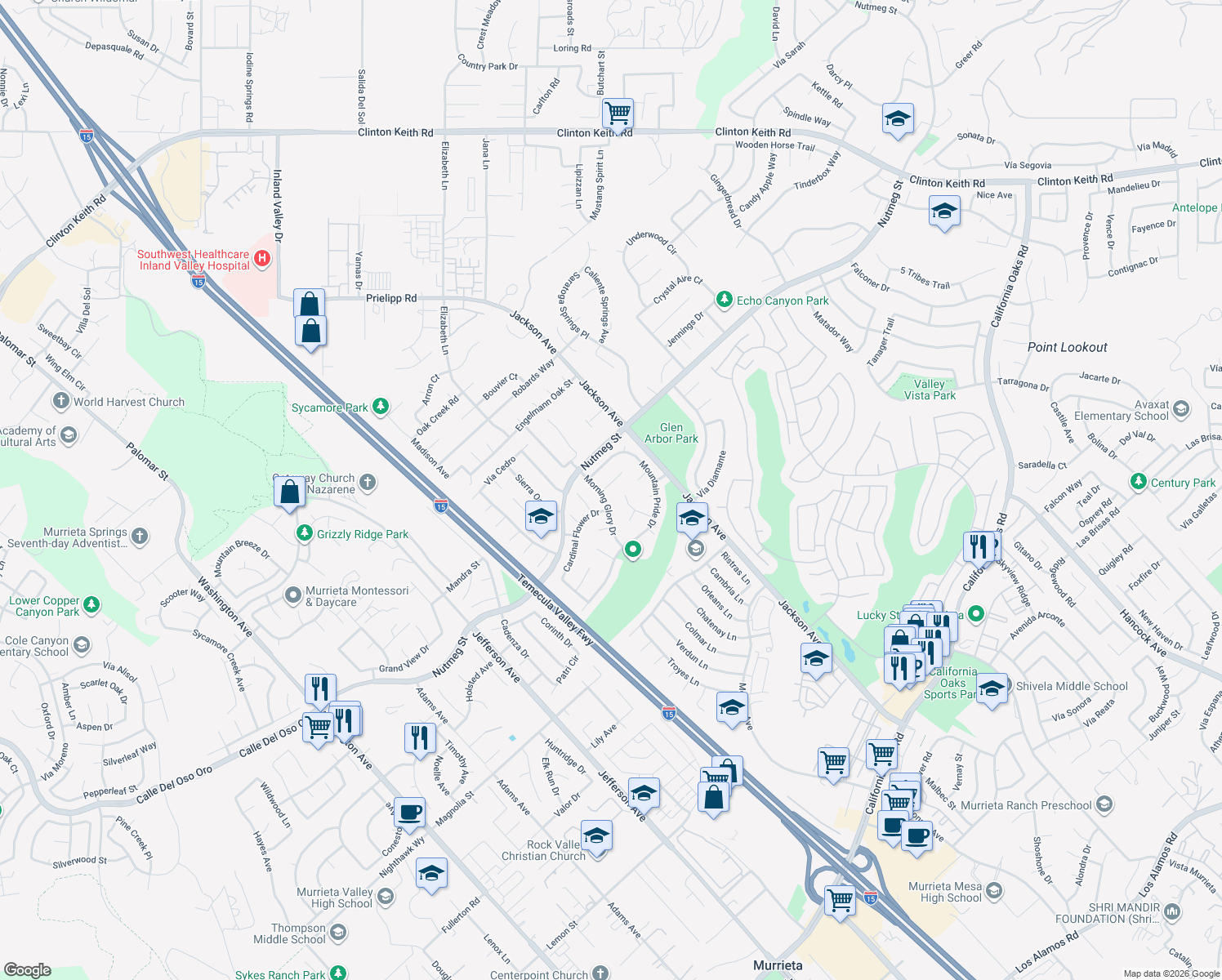 map of restaurants, bars, coffee shops, grocery stores, and more near 23835 Spring Branch Court in Murrieta