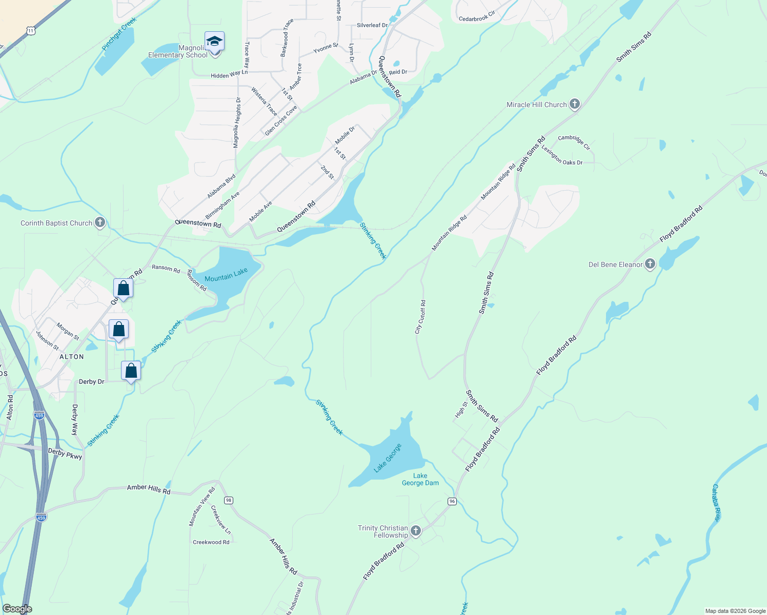 map of restaurants, bars, coffee shops, grocery stores, and more near 6215 Mountain Ridge Road in Trussville