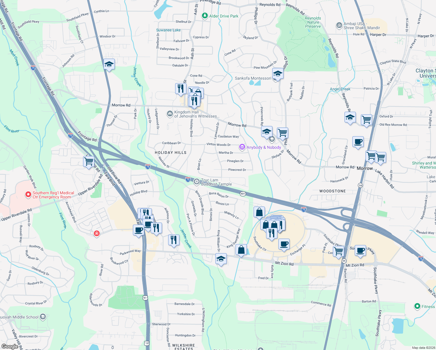 map of restaurants, bars, coffee shops, grocery stores, and more near 910 Brian Lane in Forest Park
