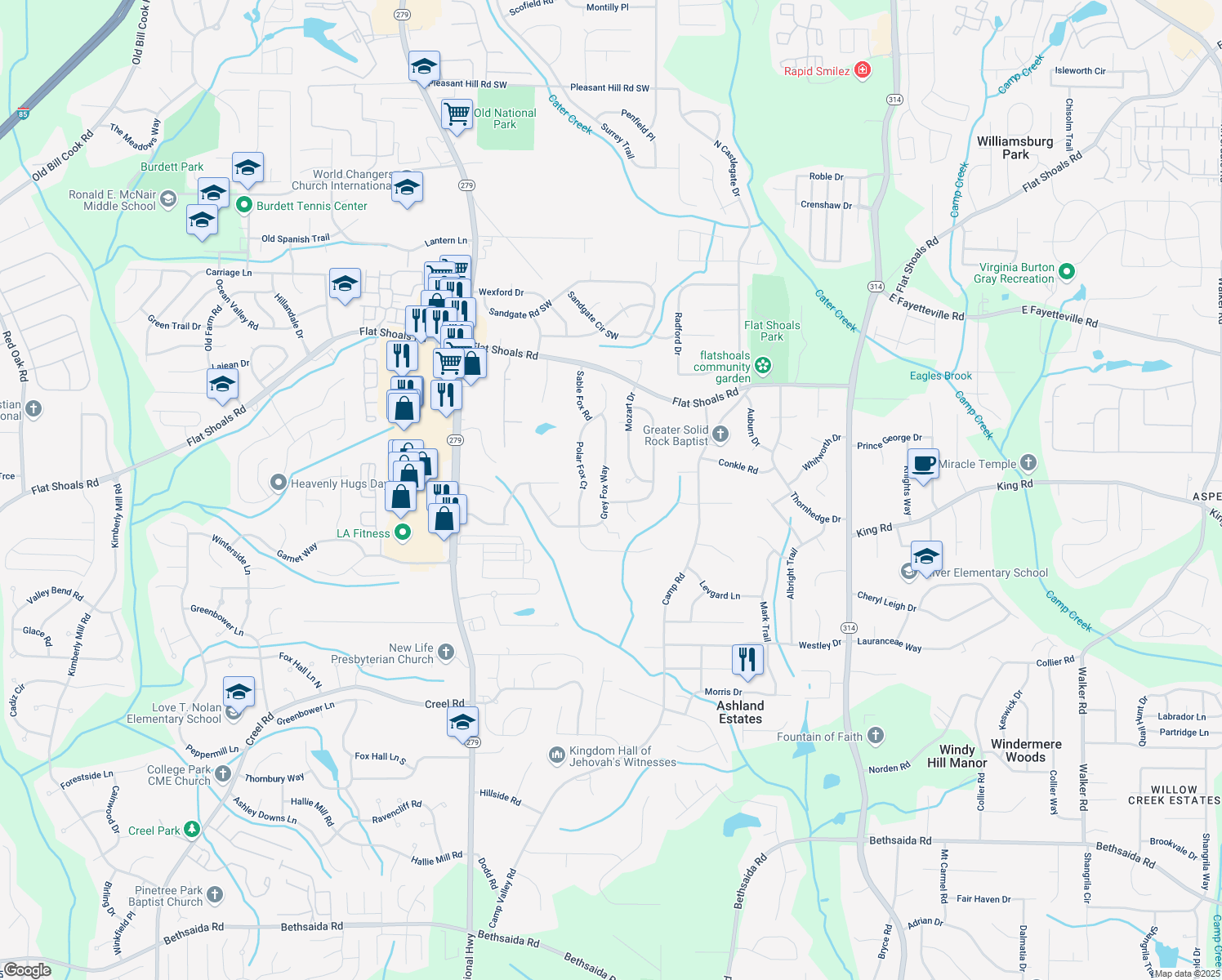 map of restaurants, bars, coffee shops, grocery stores, and more near 6378 Grey Fox Way in Riverdale