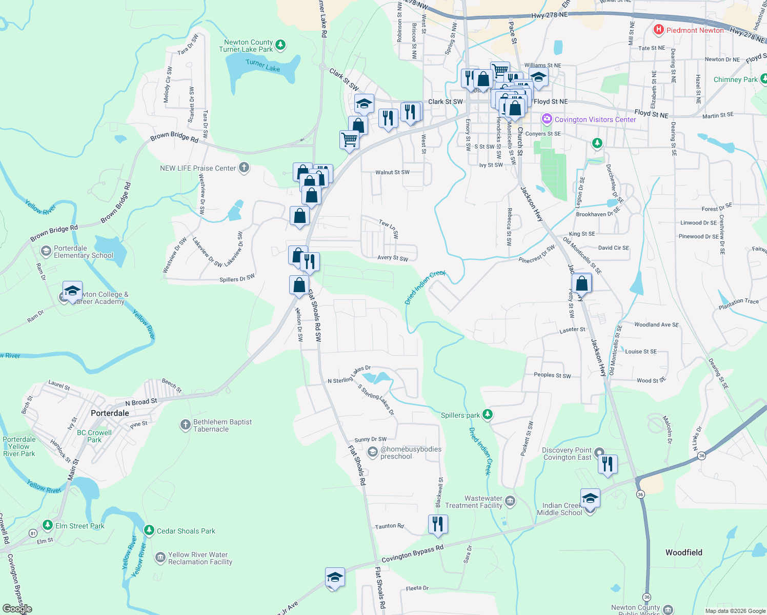 map of restaurants, bars, coffee shops, grocery stores, and more near 9180 Bandywood Way Southwest in Covington