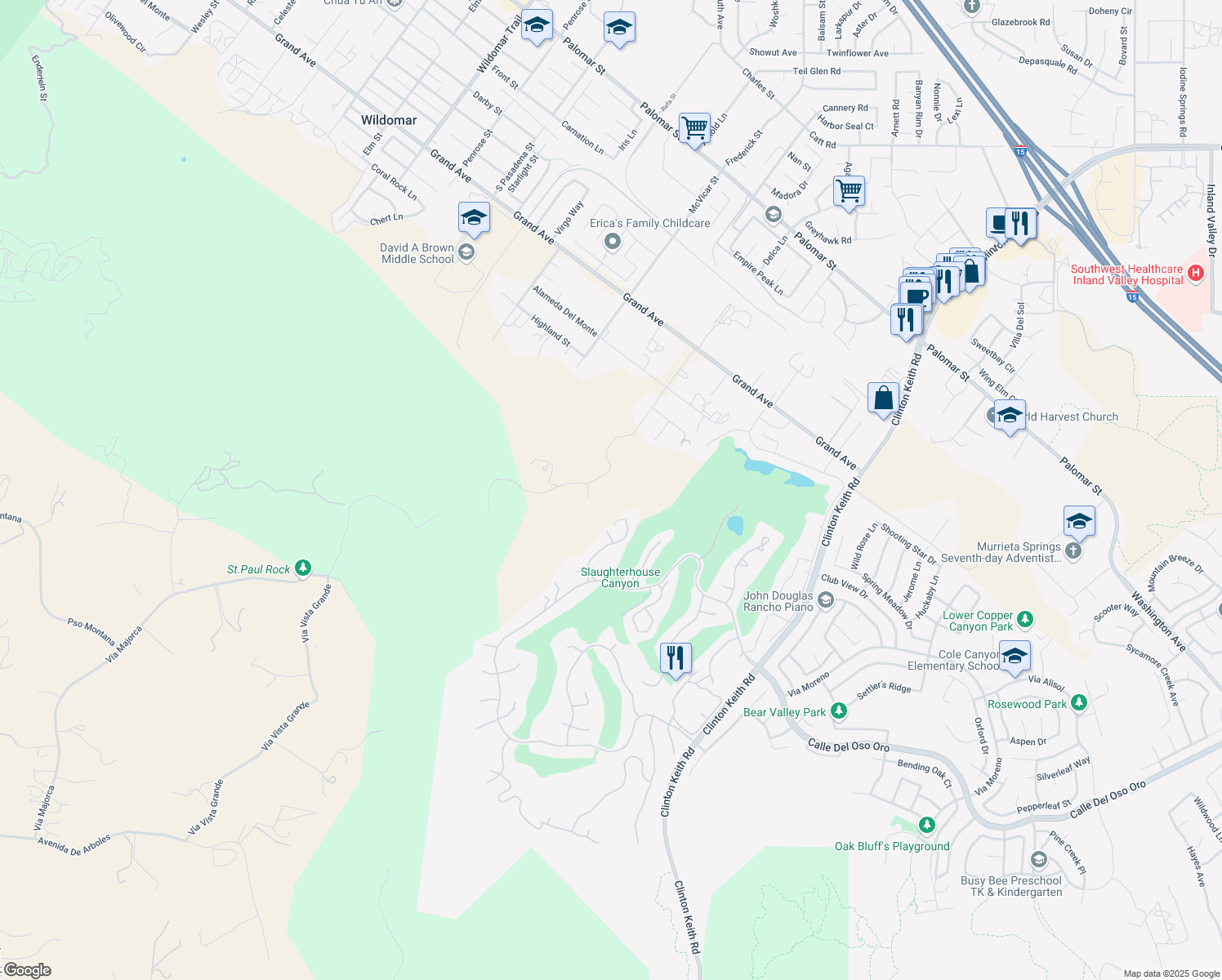 map of restaurants, bars, coffee shops, grocery stores, and more near Vía Vista Grande in Murrieta