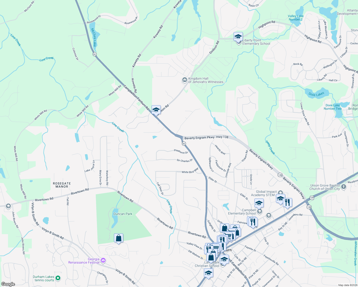 map of restaurants, bars, coffee shops, grocery stores, and more near 6375 Campbellton Fairburn Rd in Fairburn
