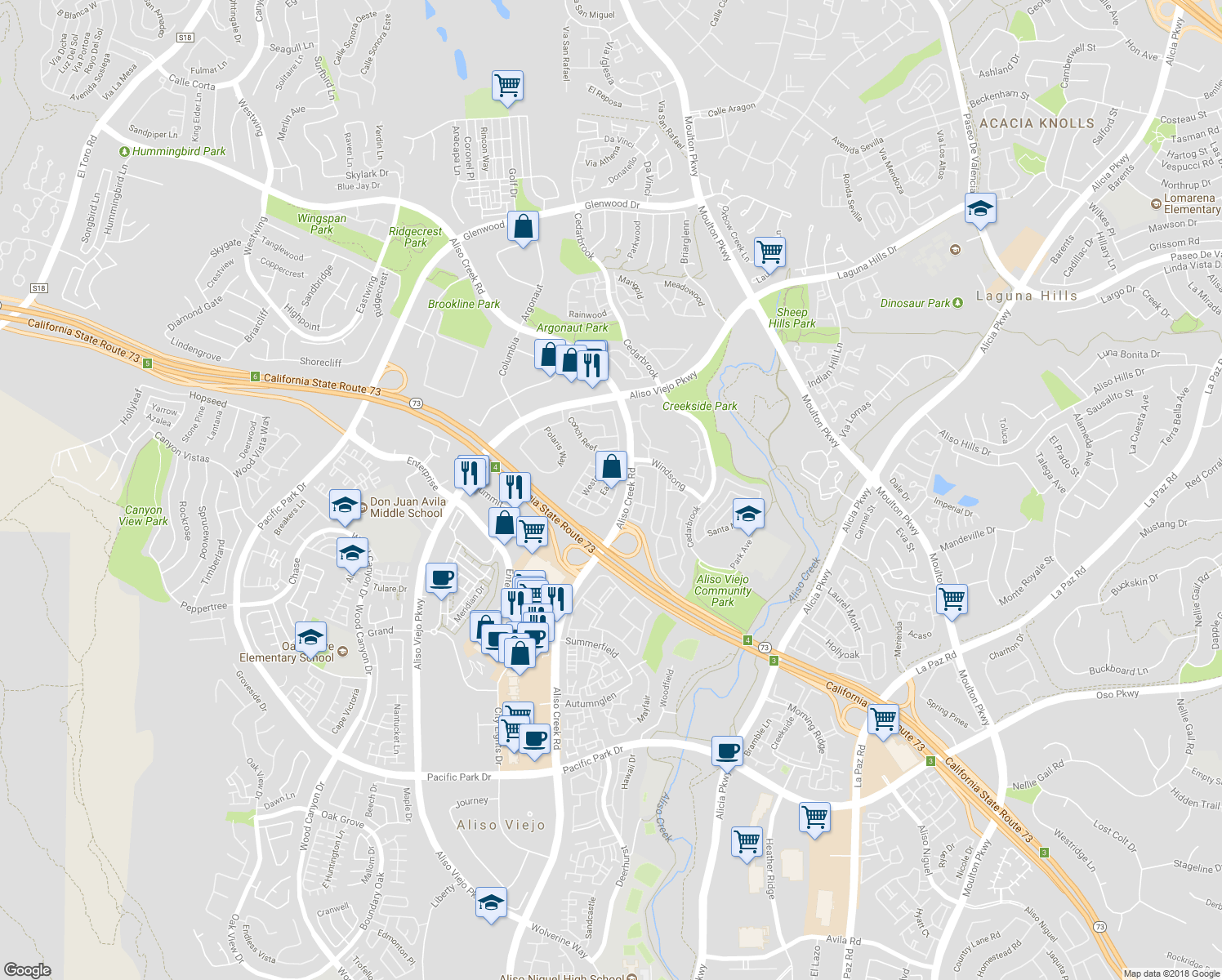 map of restaurants, bars, coffee shops, grocery stores, and more near 35 Southwind in Aliso Viejo