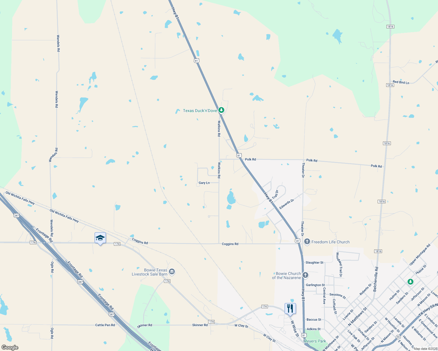 map of restaurants, bars, coffee shops, grocery stores, and more near Watkins Road in Bowie