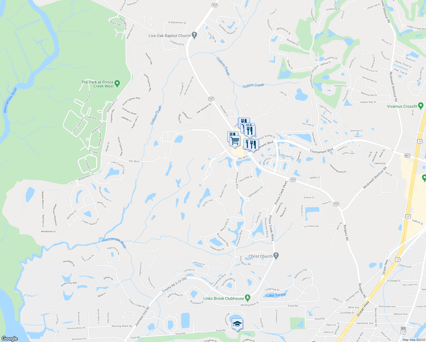 map of restaurants, bars, coffee shops, grocery stores, and more near 440 Arlington Circle in Murrells Inlet