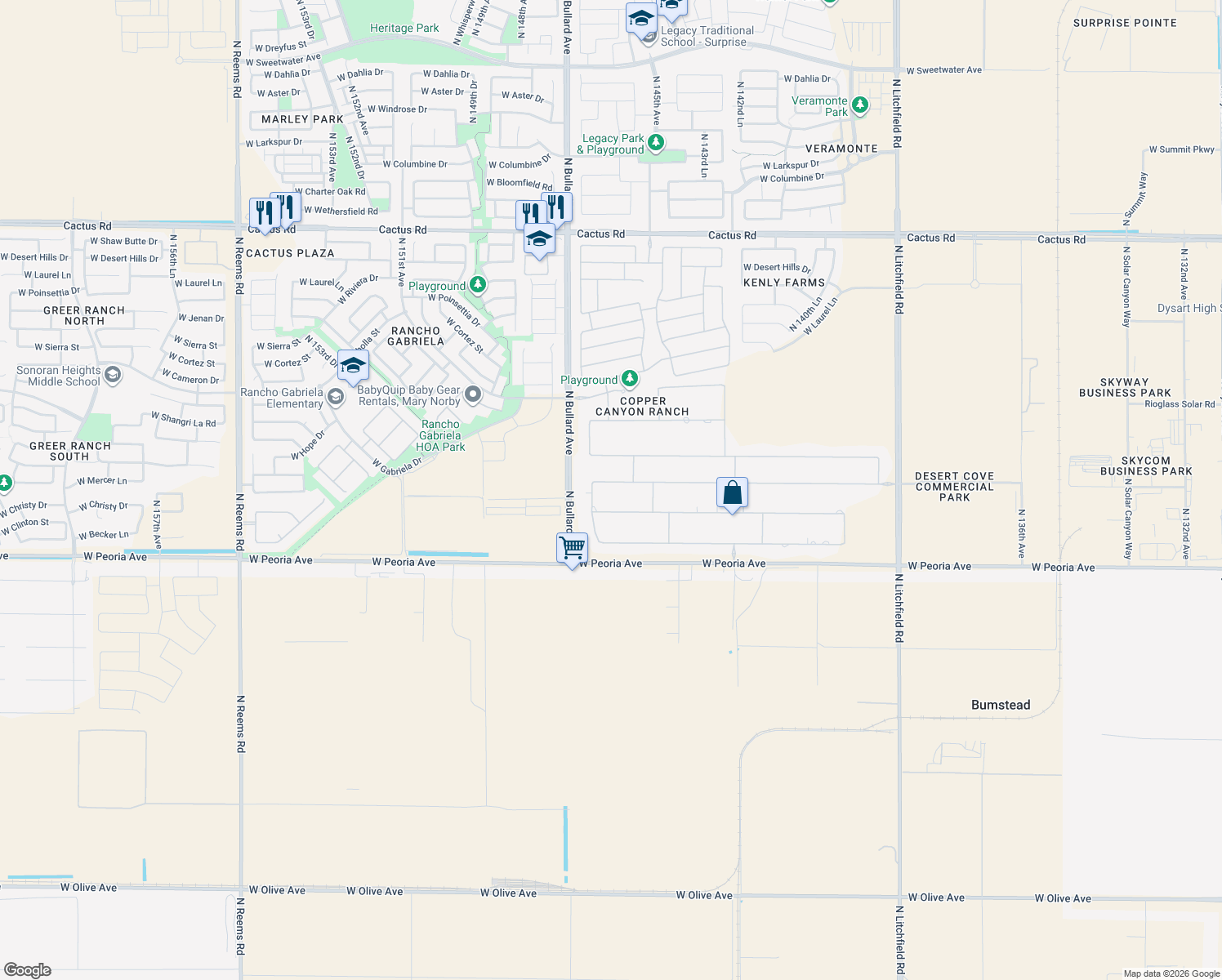 map of restaurants, bars, coffee shops, grocery stores, and more near 14575 West Desert Cove Road in Surprise