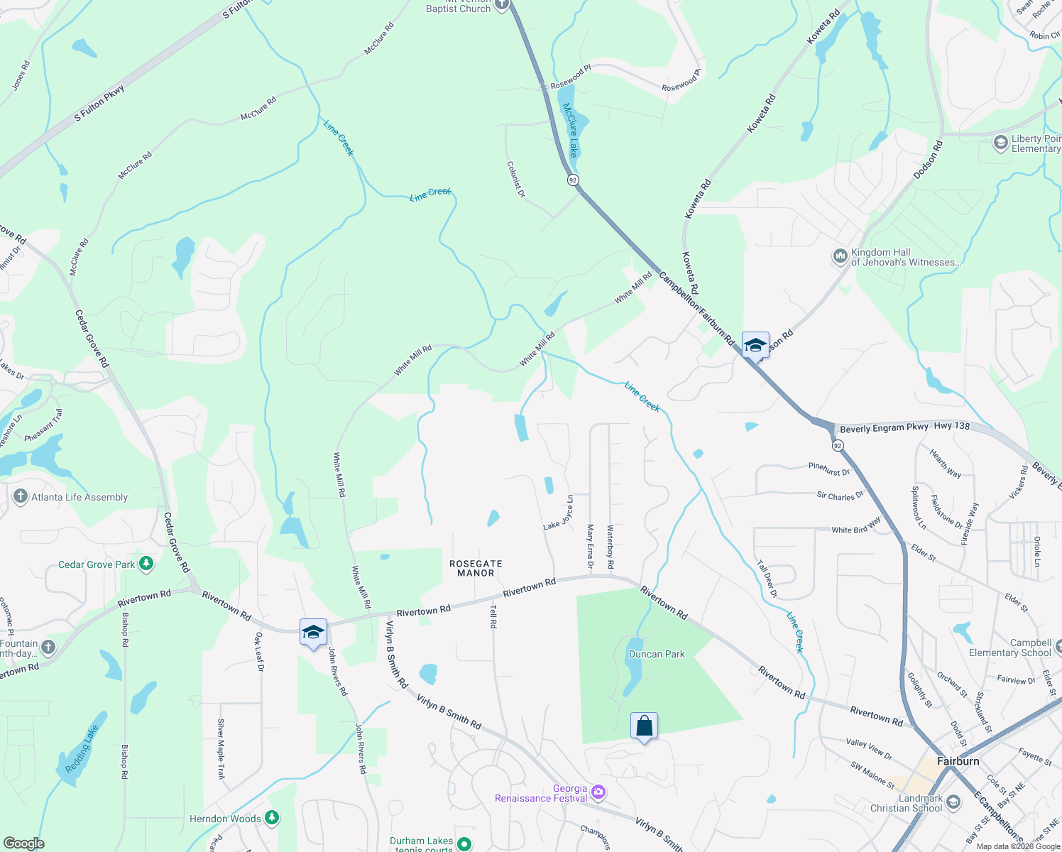 map of restaurants, bars, coffee shops, grocery stores, and more near 395 Lake Jonathan Lane in Fairburn