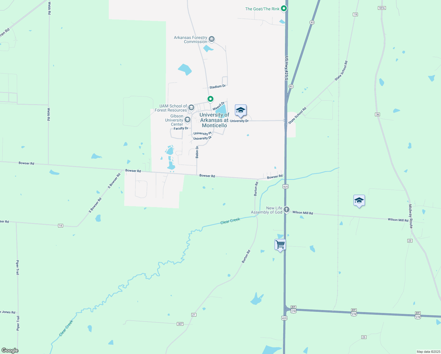 map of restaurants, bars, coffee shops, grocery stores, and more near 359 Bowser Road in Monticello