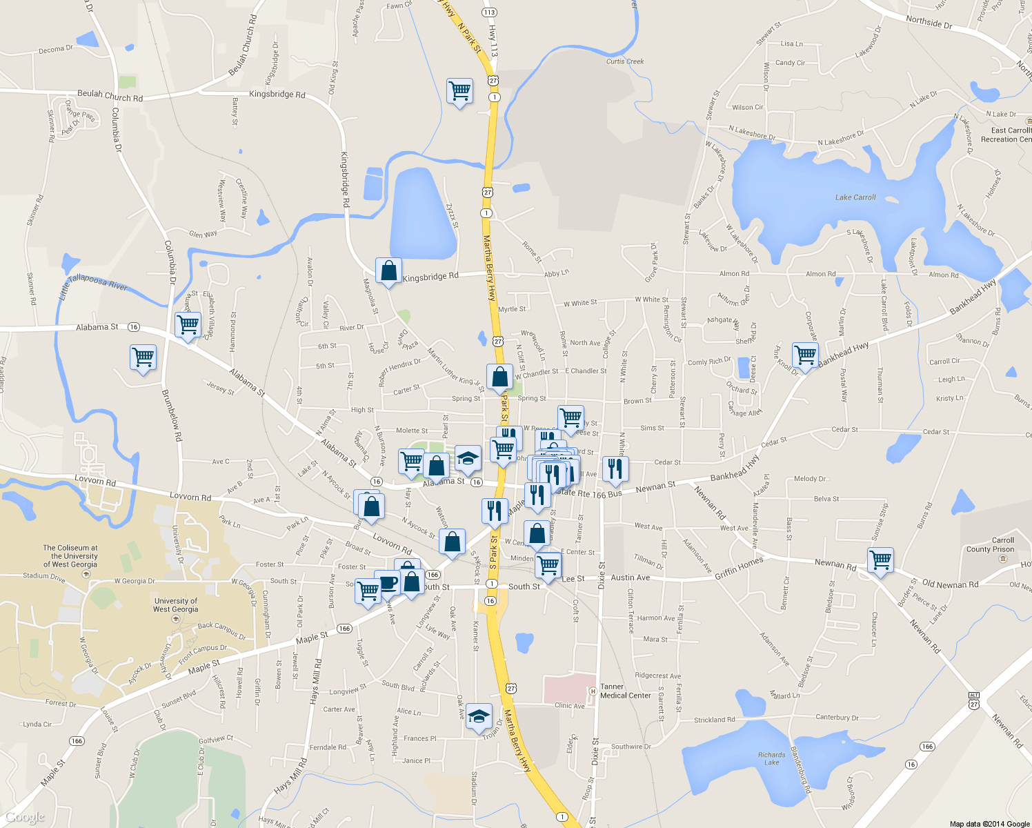 map of restaurants, bars, coffee shops, grocery stores, and more near 418 North Cliff Street in Carrollton