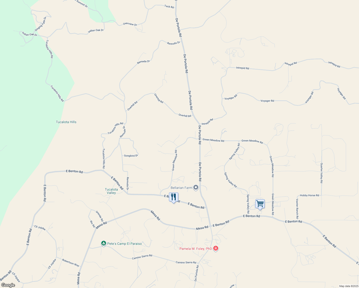 map of restaurants, bars, coffee shops, grocery stores, and more near 38798 Green Meadow Road in Temecula