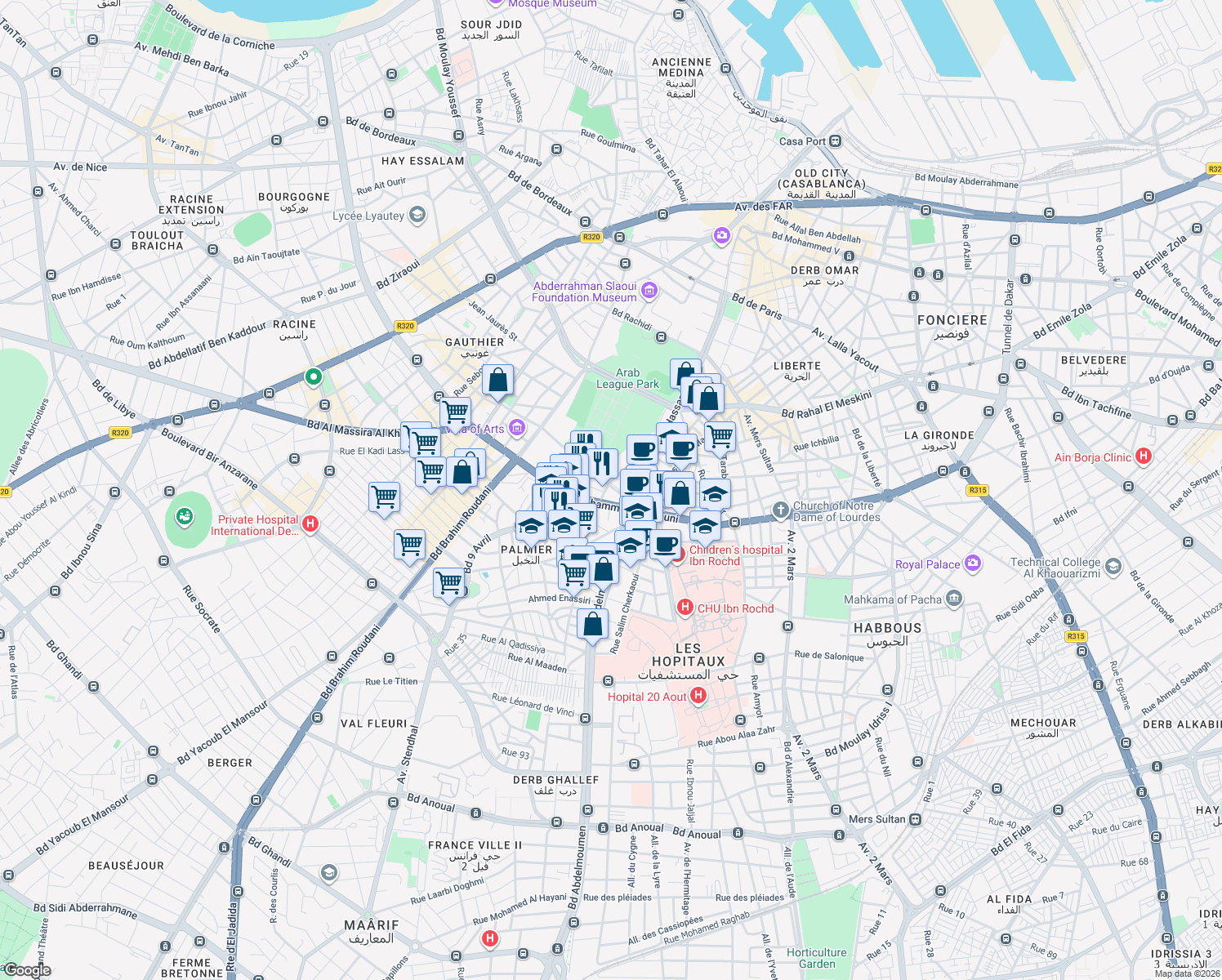 map of restaurants, bars, coffee shops, grocery stores, and more near 69 Rue Othmane Ibn Affane in Casablanca