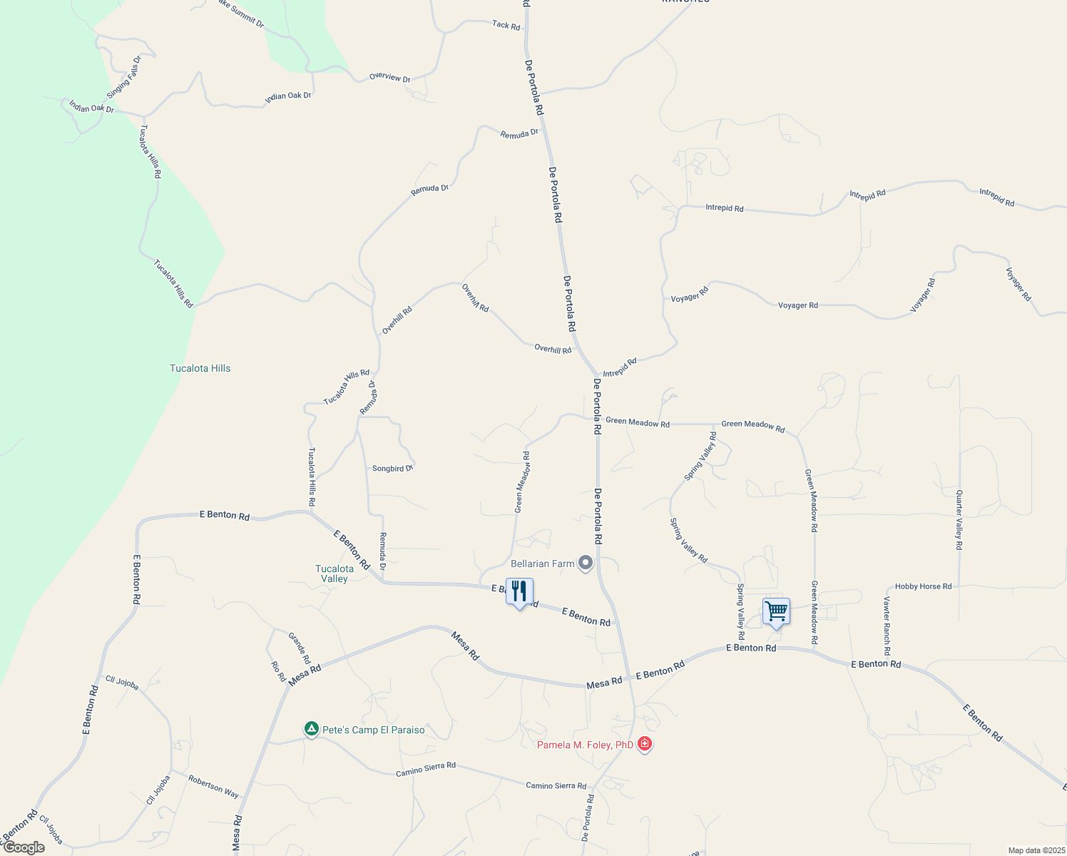 map of restaurants, bars, coffee shops, grocery stores, and more near 38798 Green Meadow Road in Temecula