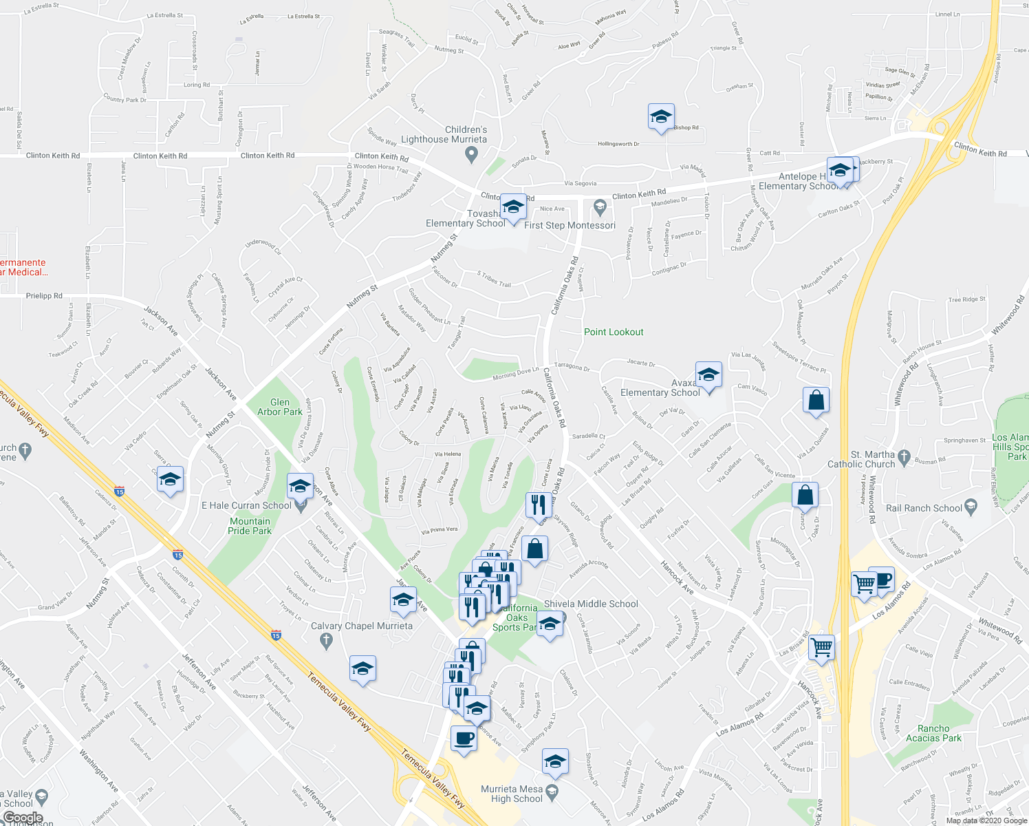 map of restaurants, bars, coffee shops, grocery stores, and more near 24175 Vía Llano in Murrieta