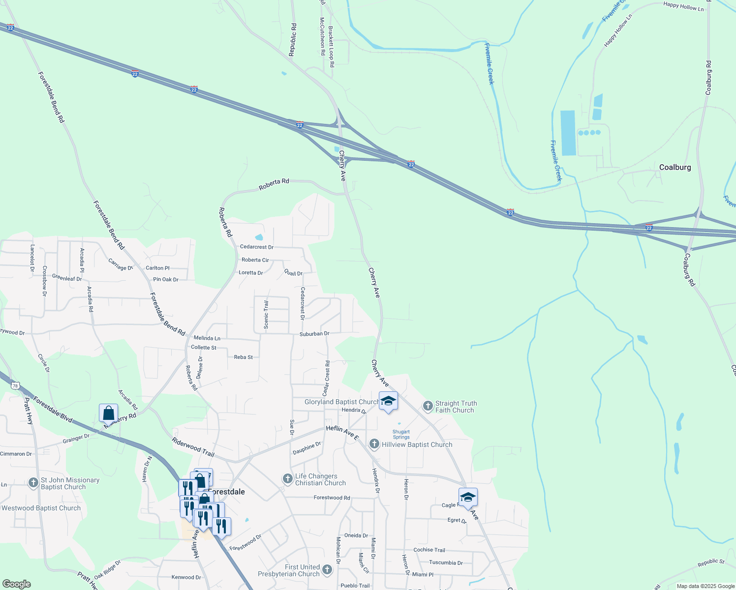 map of restaurants, bars, coffee shops, grocery stores, and more near 1954 Cherry Avenue in Birmingham
