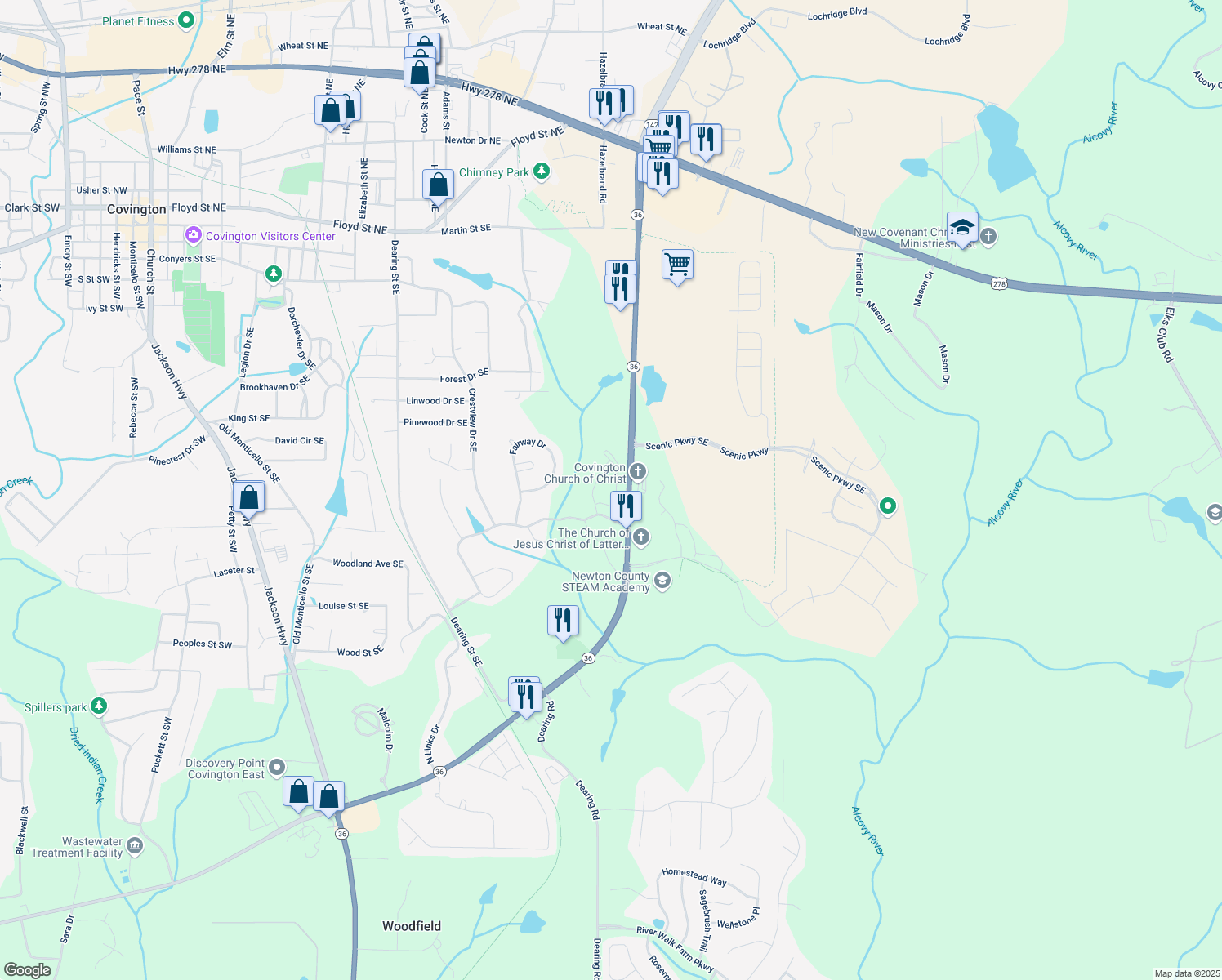 map of restaurants, bars, coffee shops, grocery stores, and more near 9157 Golfview Circle in Covington