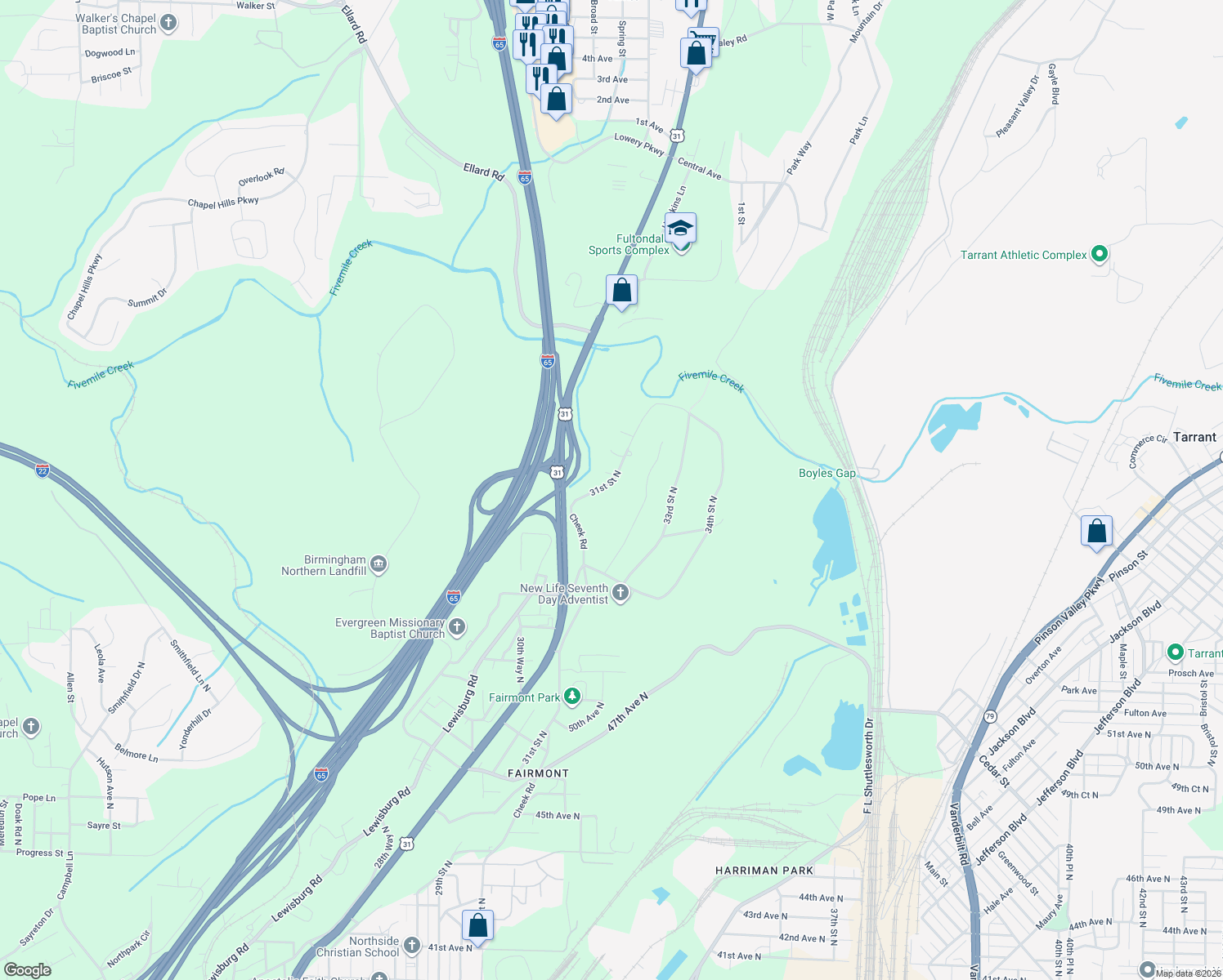 map of restaurants, bars, coffee shops, grocery stores, and more near 5809 31st Street North in Birmingham