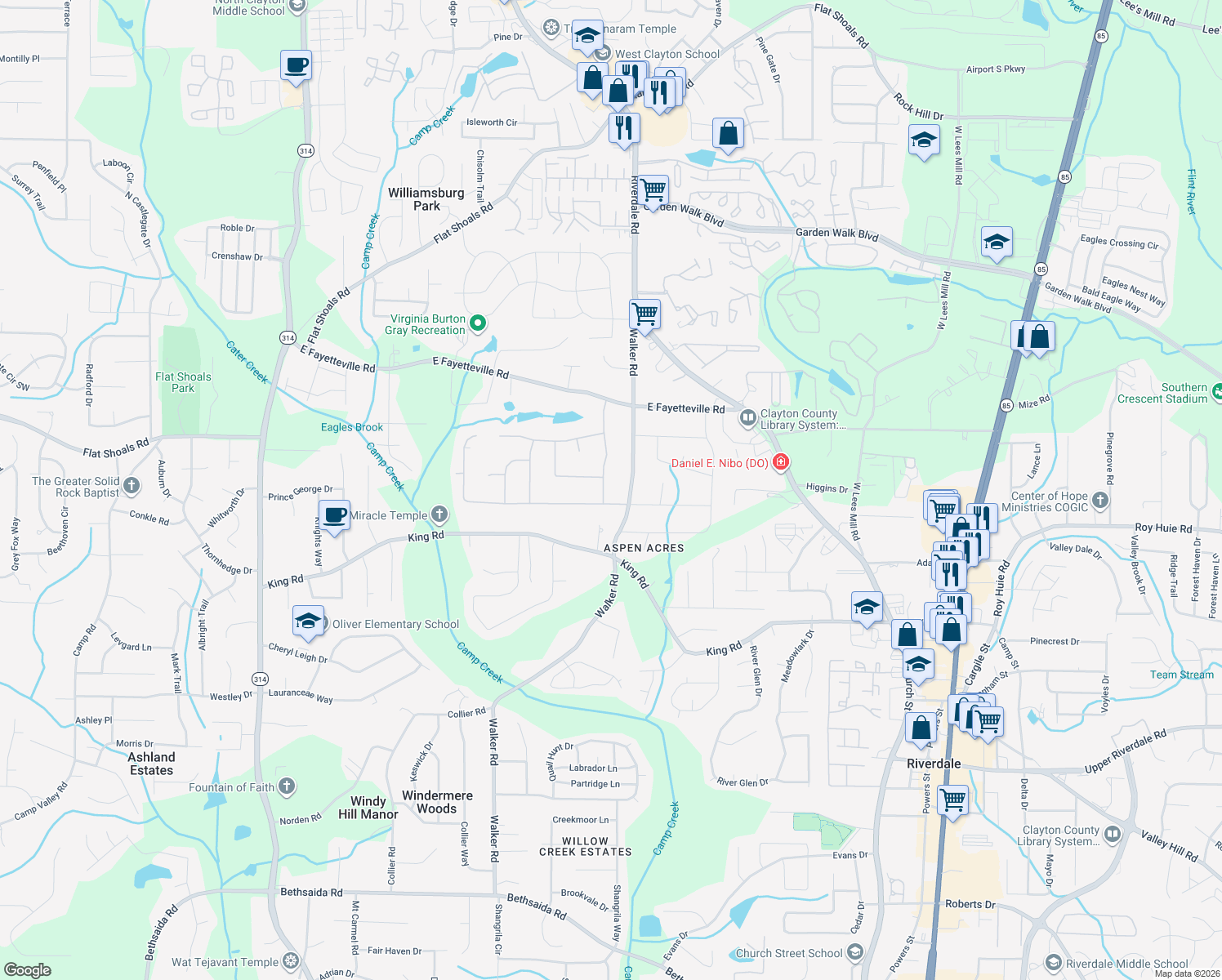 map of restaurants, bars, coffee shops, grocery stores, and more near 6264 Bigelow Dr in Riverdale