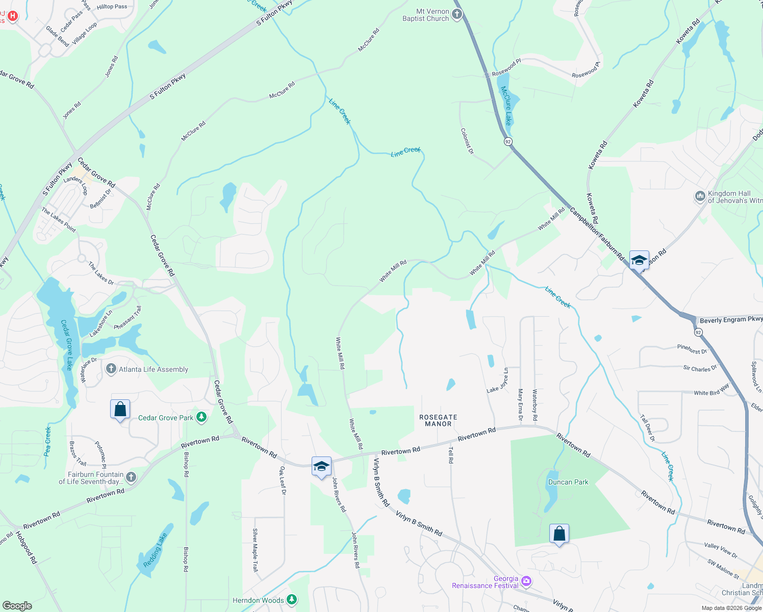 map of restaurants, bars, coffee shops, grocery stores, and more near 6300 White Mill Road in Fairburn