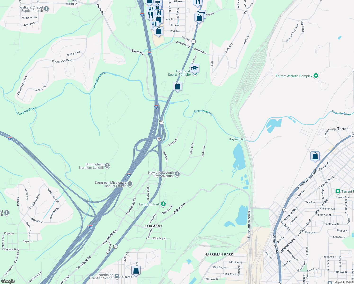 map of restaurants, bars, coffee shops, grocery stores, and more near 5809 31st Street North in Birmingham