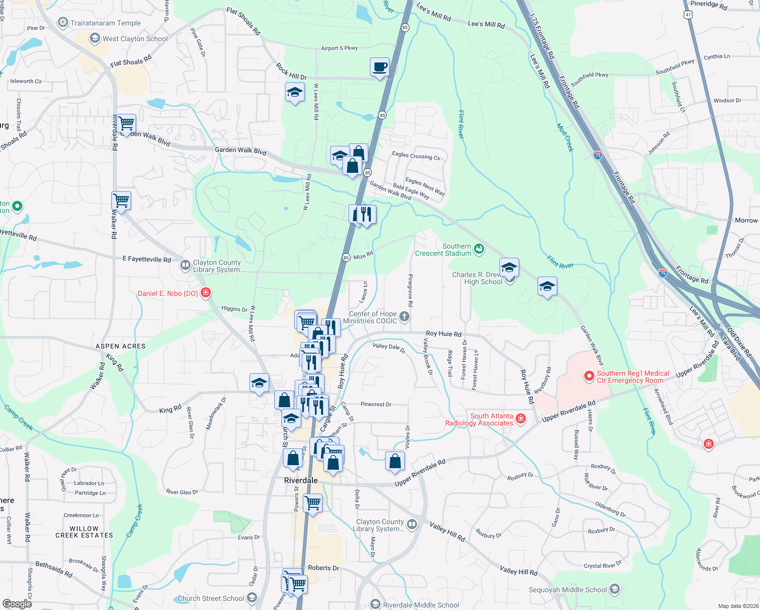 map of restaurants, bars, coffee shops, grocery stores, and more near 6527 River Run Road in Riverdale