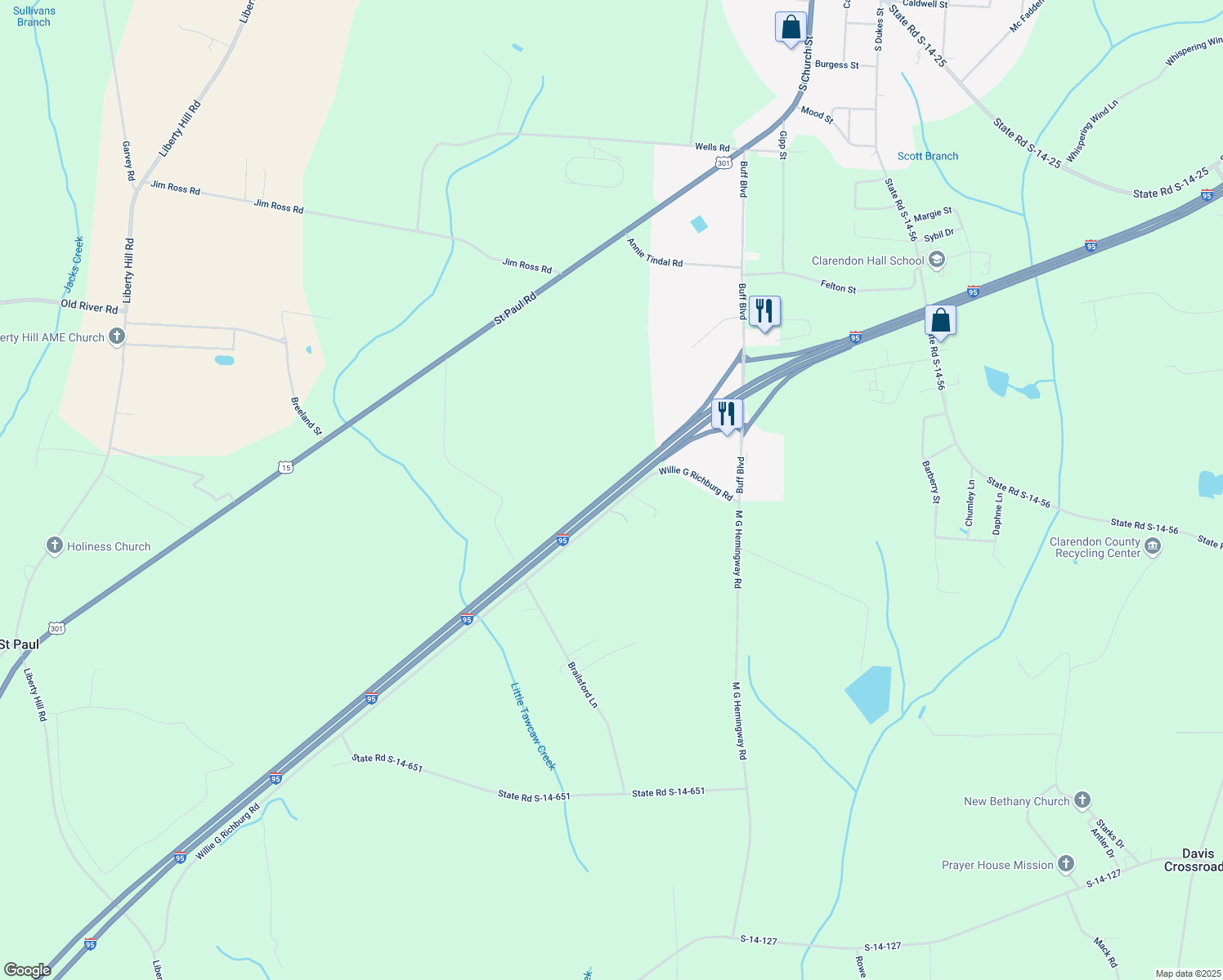 map of restaurants, bars, coffee shops, grocery stores, and more near Interstate 95 in Summerton