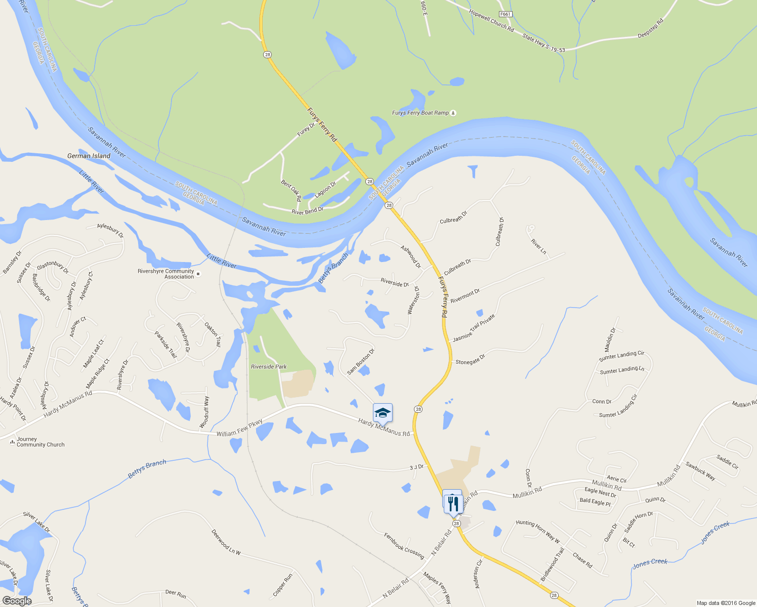 map of restaurants, bars, coffee shops, grocery stores, and more near 4215 Sutter's Court in Evans