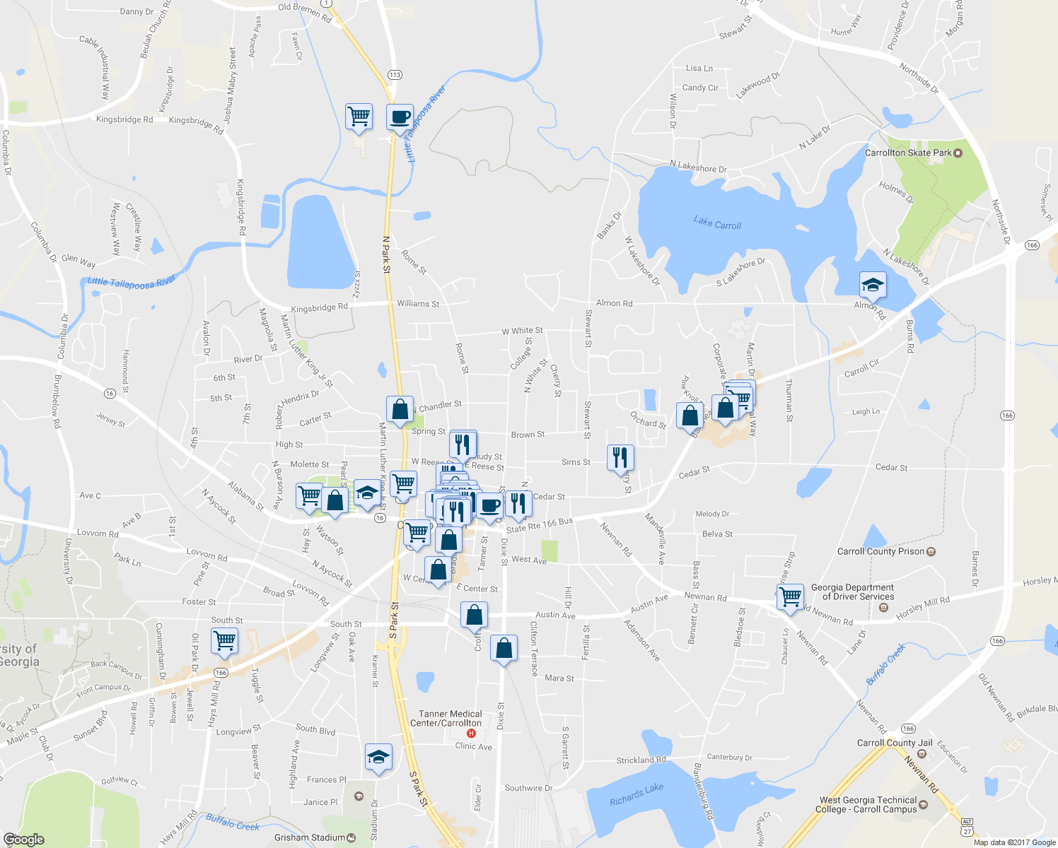 map of restaurants, bars, coffee shops, grocery stores, and more near 515 North White Street in Carrollton