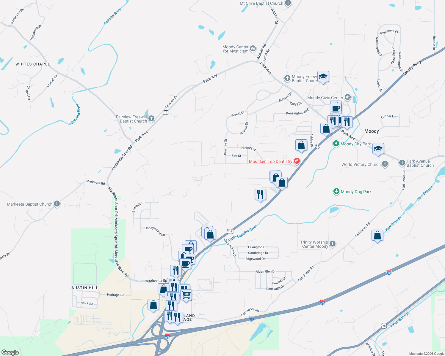 map of restaurants, bars, coffee shops, grocery stores, and more near 1097 Windsor Parkway in Moody