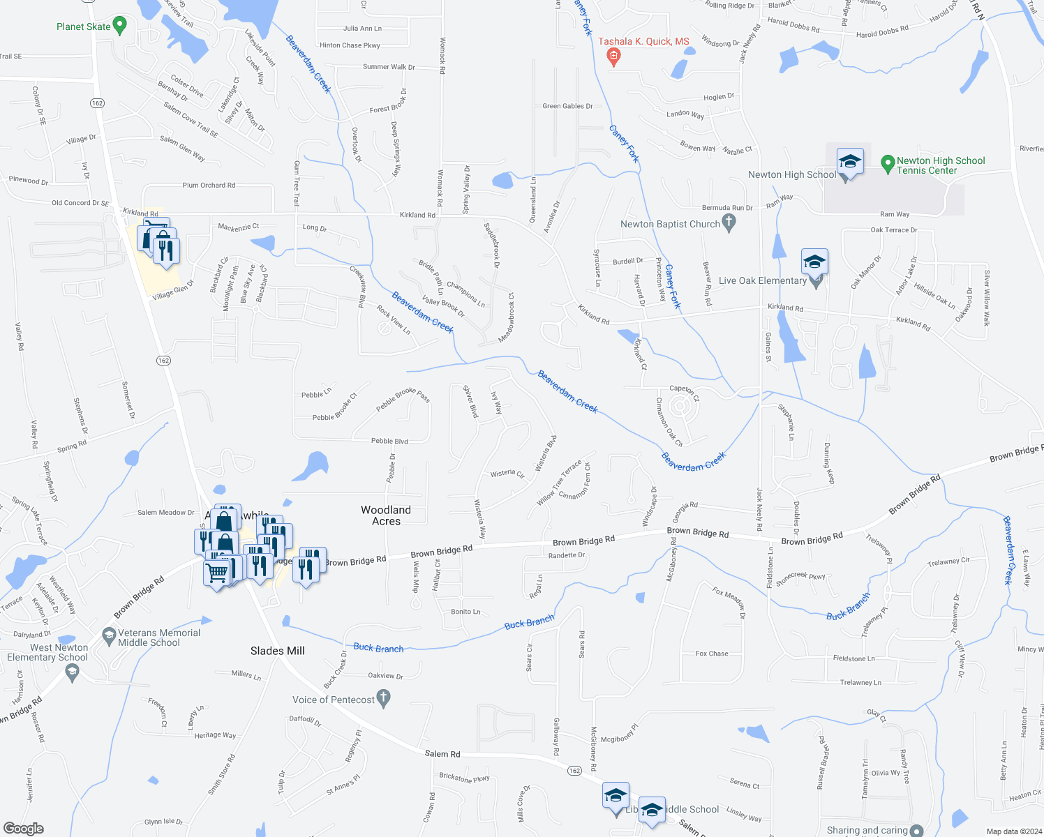 map of restaurants, bars, coffee shops, grocery stores, and more near 215 Wisteria Way in Covington