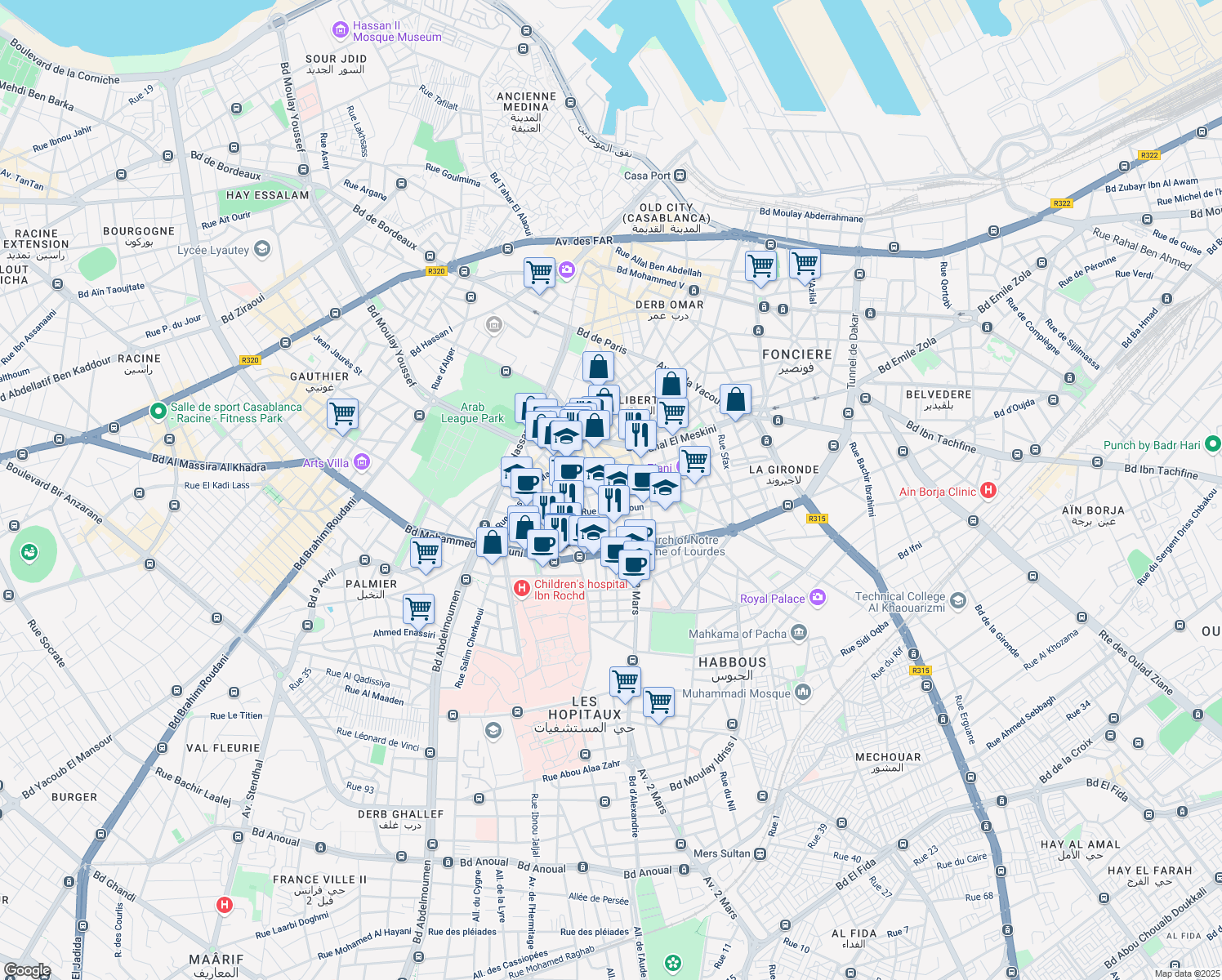 map of restaurants, bars, coffee shops, grocery stores, and more near Avenue Mers Sultan in Casablanca