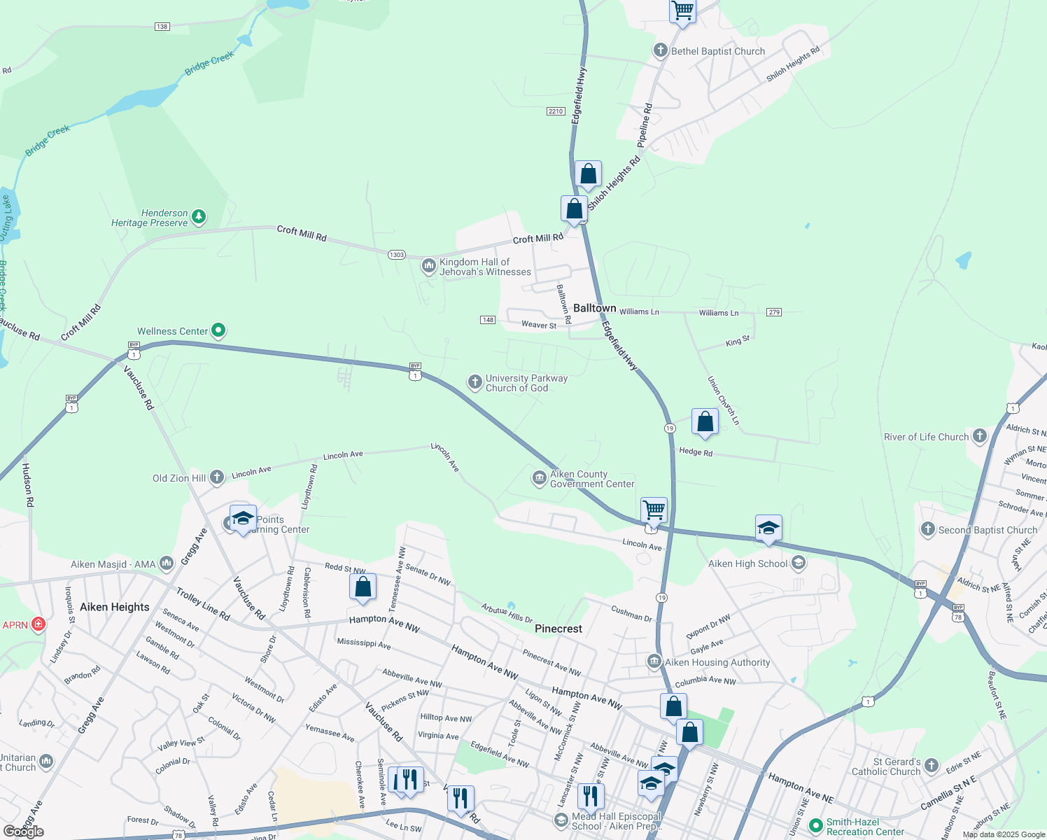 map of restaurants, bars, coffee shops, grocery stores, and more near Grand Oaks Way in Aiken