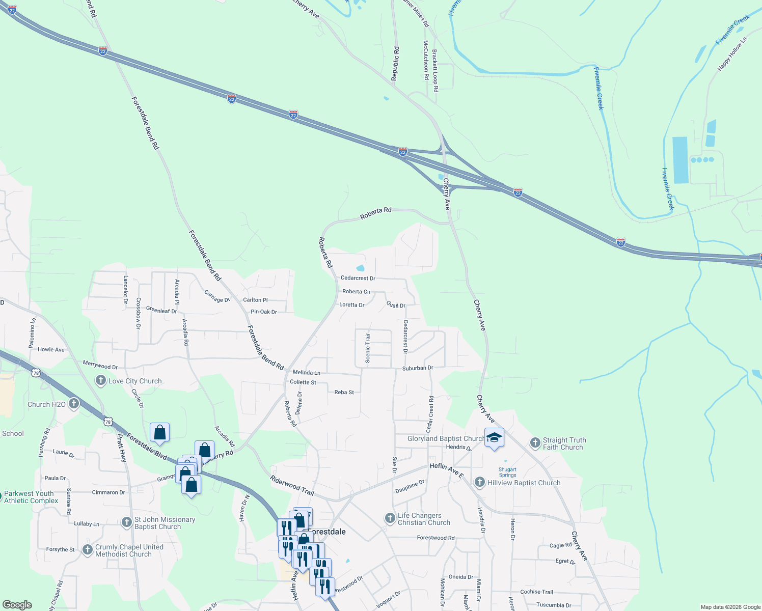 map of restaurants, bars, coffee shops, grocery stores, and more near 643 Loretta Drive in Birmingham