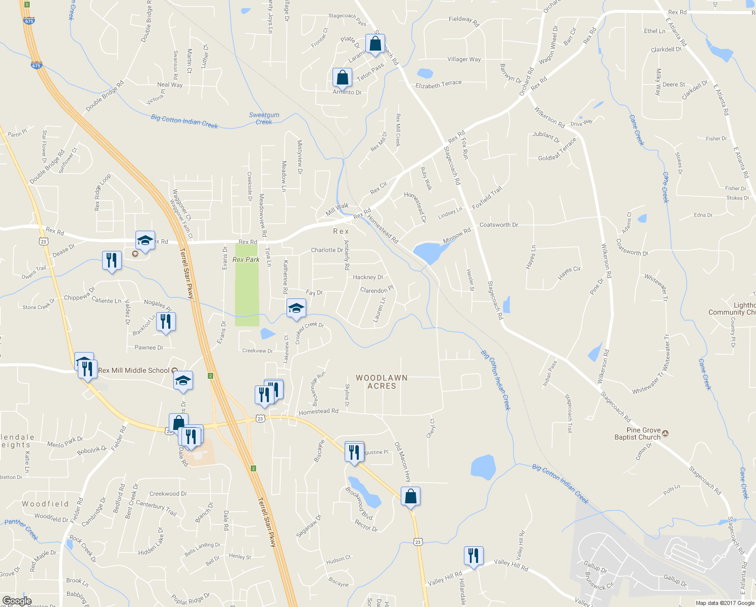map of restaurants, bars, coffee shops, grocery stores, and more near 6153 Lauren Lane in Rex