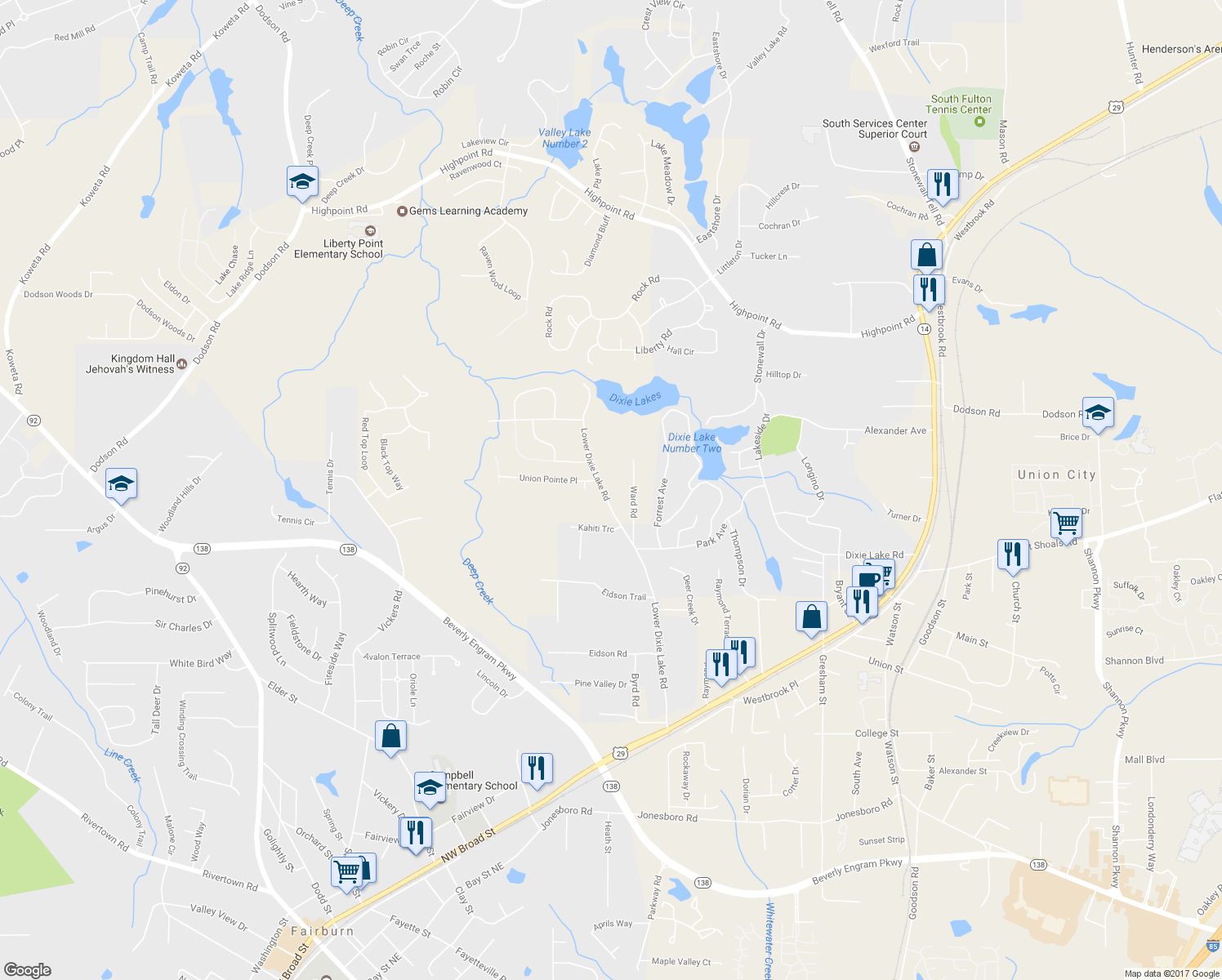 map of restaurants, bars, coffee shops, grocery stores, and more near 6196 Lower Dixie Lake Road in Union City