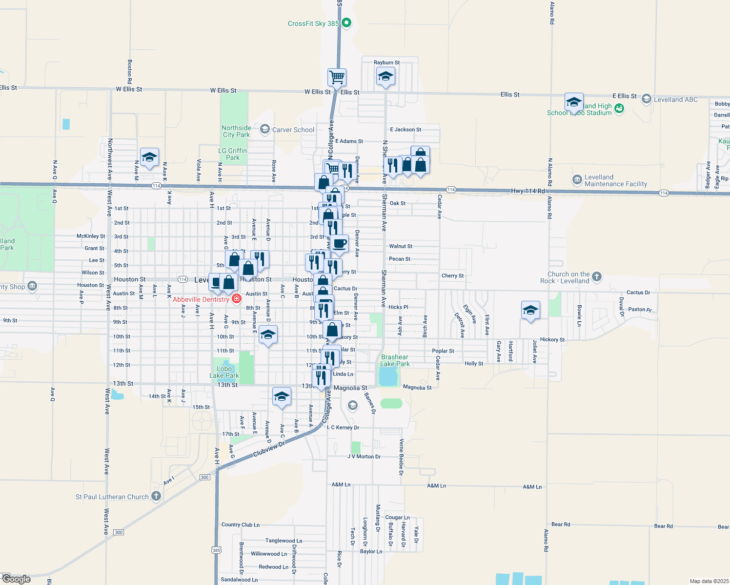 map of restaurants, bars, coffee shops, grocery stores, and more near 206 Cactus Dr in Levelland